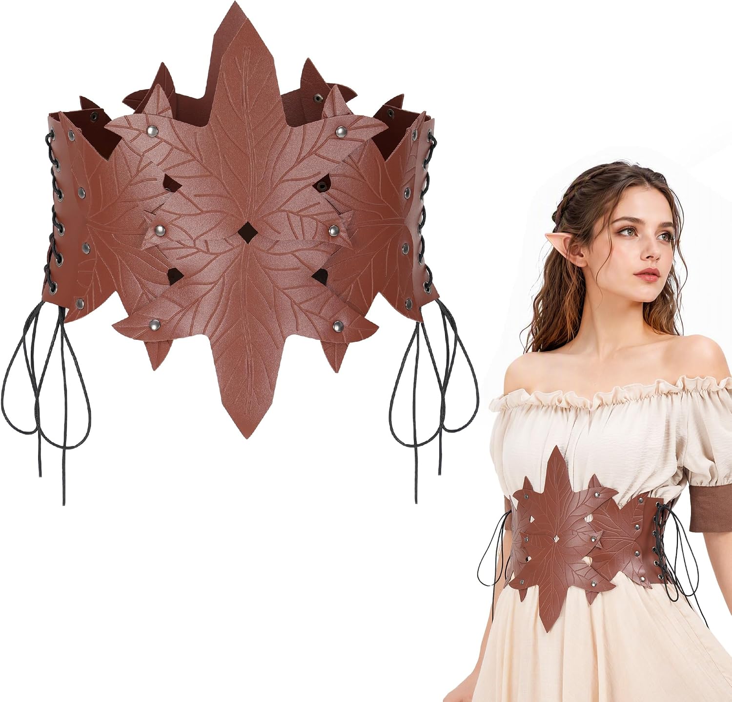 DAZCOS Womens Medieval Leaf Wide Waist Belt Forest Elf Renaissance Lace-up Cinch Belt Faux Leather