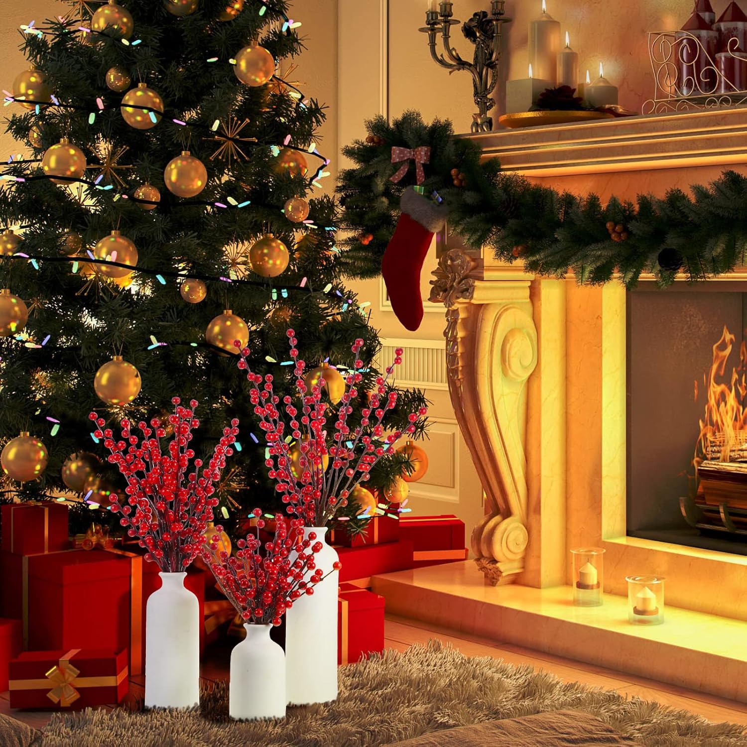 20 Pcs 3 Size Artificial Red Berry Stems Branches, 22" 16" 8" Christmas Fake Burgundy Berry Picks Holly Berries for Christmas Tree Xmas Decorations Home Decor Crafts Holiday DIY