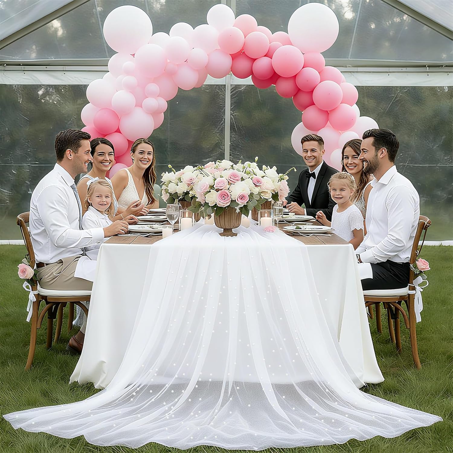 Hahafelt Set of 6 Pearl Table Runner 10 ft Boho Tulle Table Runner with Pearls Tulle Fabric Lace Tablecloth for Baby Shower Wedding Arch Decor Veil Dessert Decor (White)