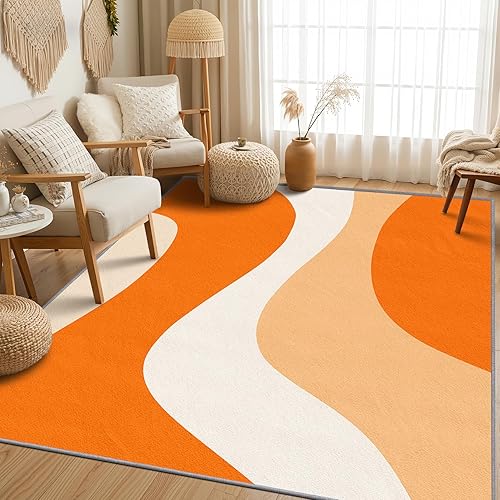 Miniatura 1 de Alfombras lavables para sala de estar, de 5 x 7 pulgadas, bohemio, minimalista, naranja, blanco, 70, alfombra abstracta retro, antideslizante y