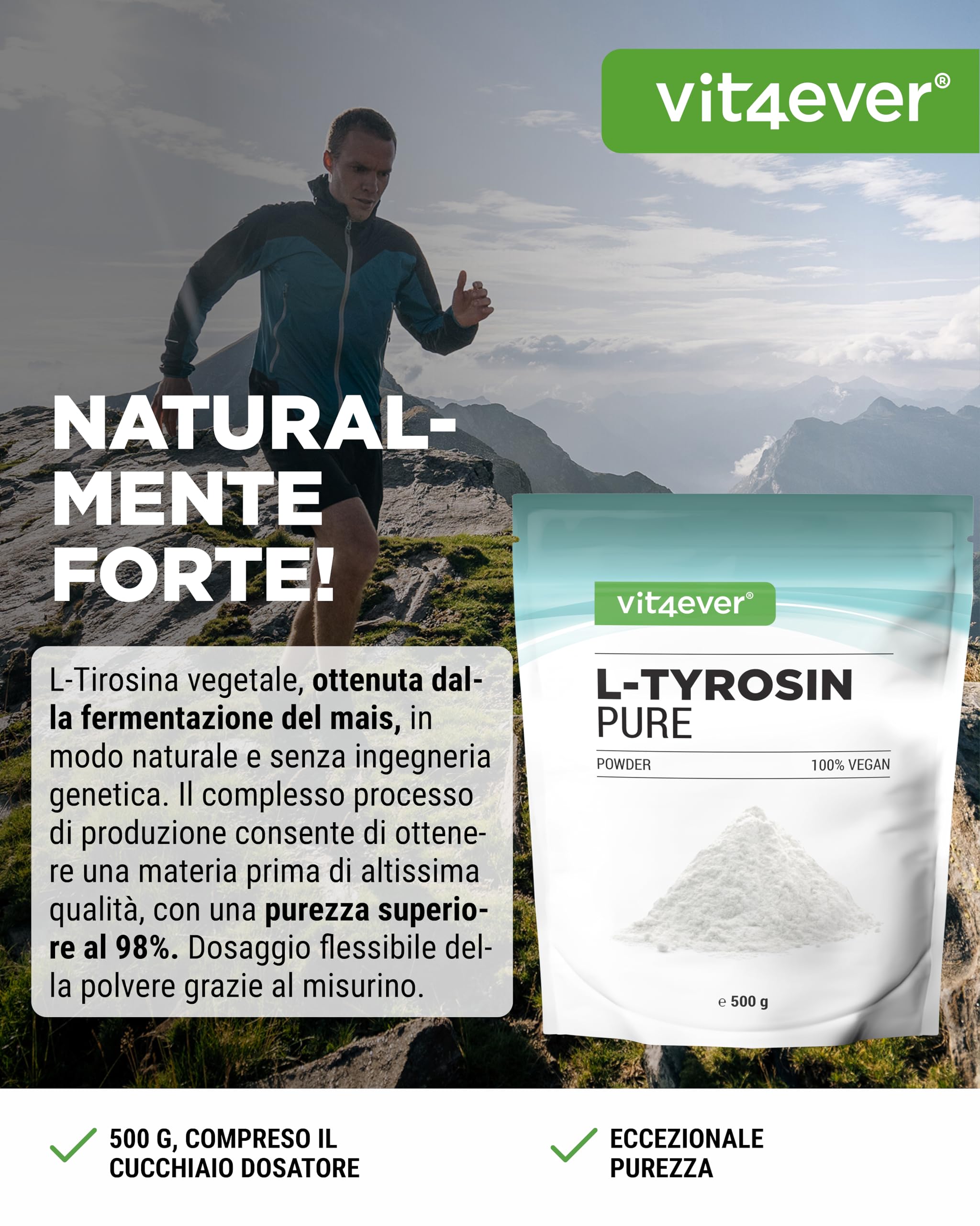 L-Tirosina 500 g Polvere Amminoacido Puro Vegan 333 Porzioni