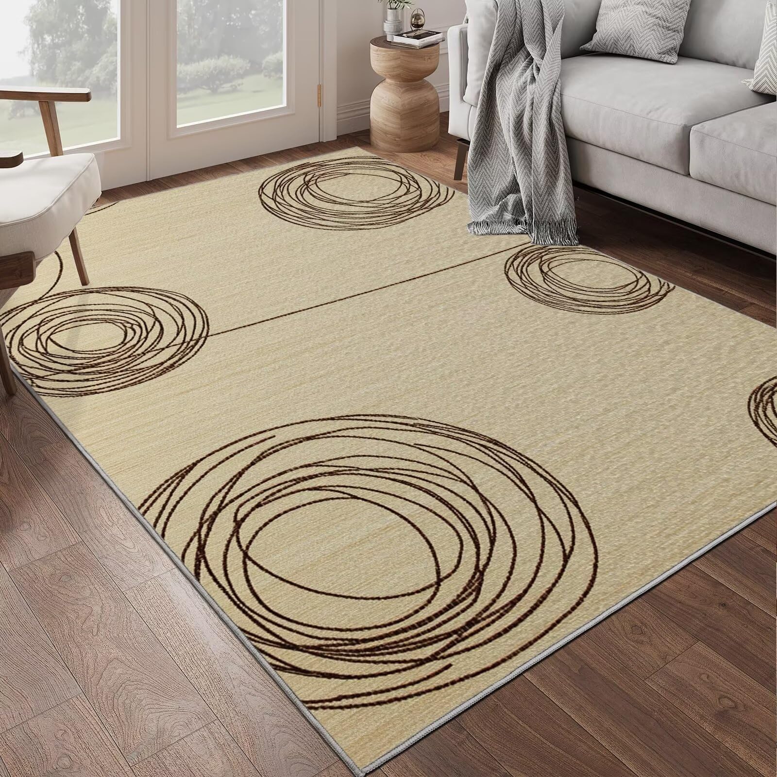 Indoor Farmhouse Area-Rug Modern Contemporary Abstract Circles Easy-Cleaning Bedroom Kitchen Living Room Non Shedding, 7'x10', Beige Brown