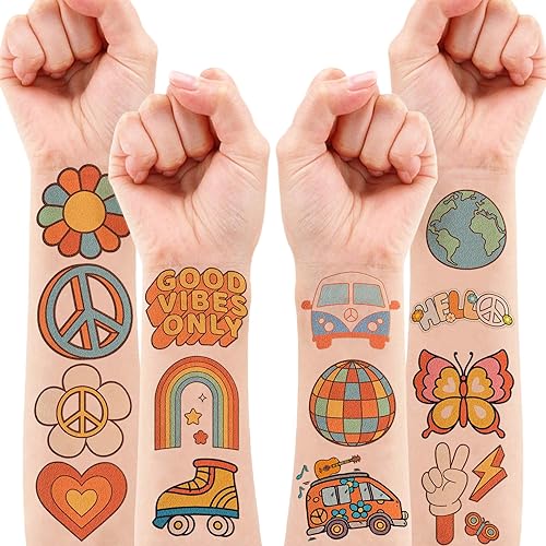 Miniatura 2 de 8 hojas 96 piezas tatuajes temporales de los años 70 para niños decoraciones de fiesta de cumpleaños suministros de recuerdos súper lindos poderes