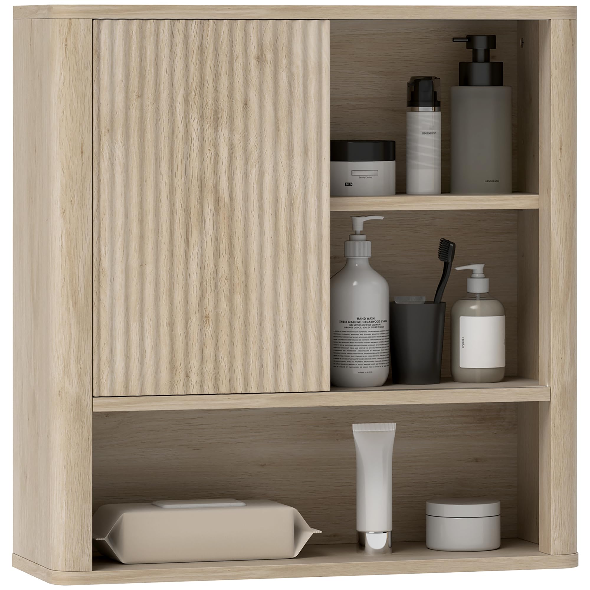 HOMCOM Armoire Murale Armoire Suspendu 60 x 20 x 62 cm Bois Naturel | Meuble Haut Salle de Bain, Porte Coulissante, Étagères Ouvertes, Étagères Réglables