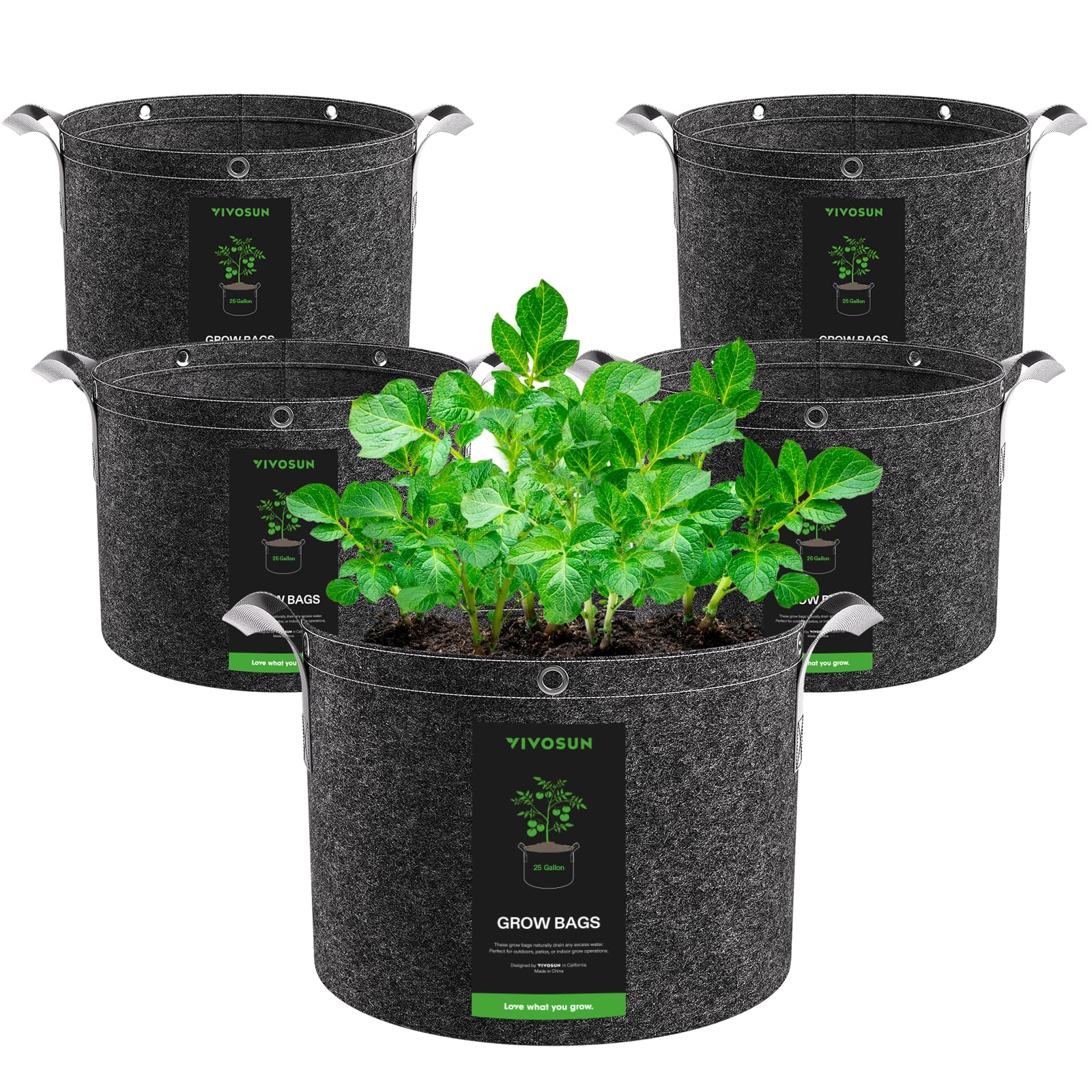 VIVOSUN 5-Pack 25 Gallon Grow Bags, 500G Thick Nonwoven Fabric Pots with Strap Handles, Multi-Purpose Rings, for Low Stress Plant Training Fruits, Vegetables, and Flowers