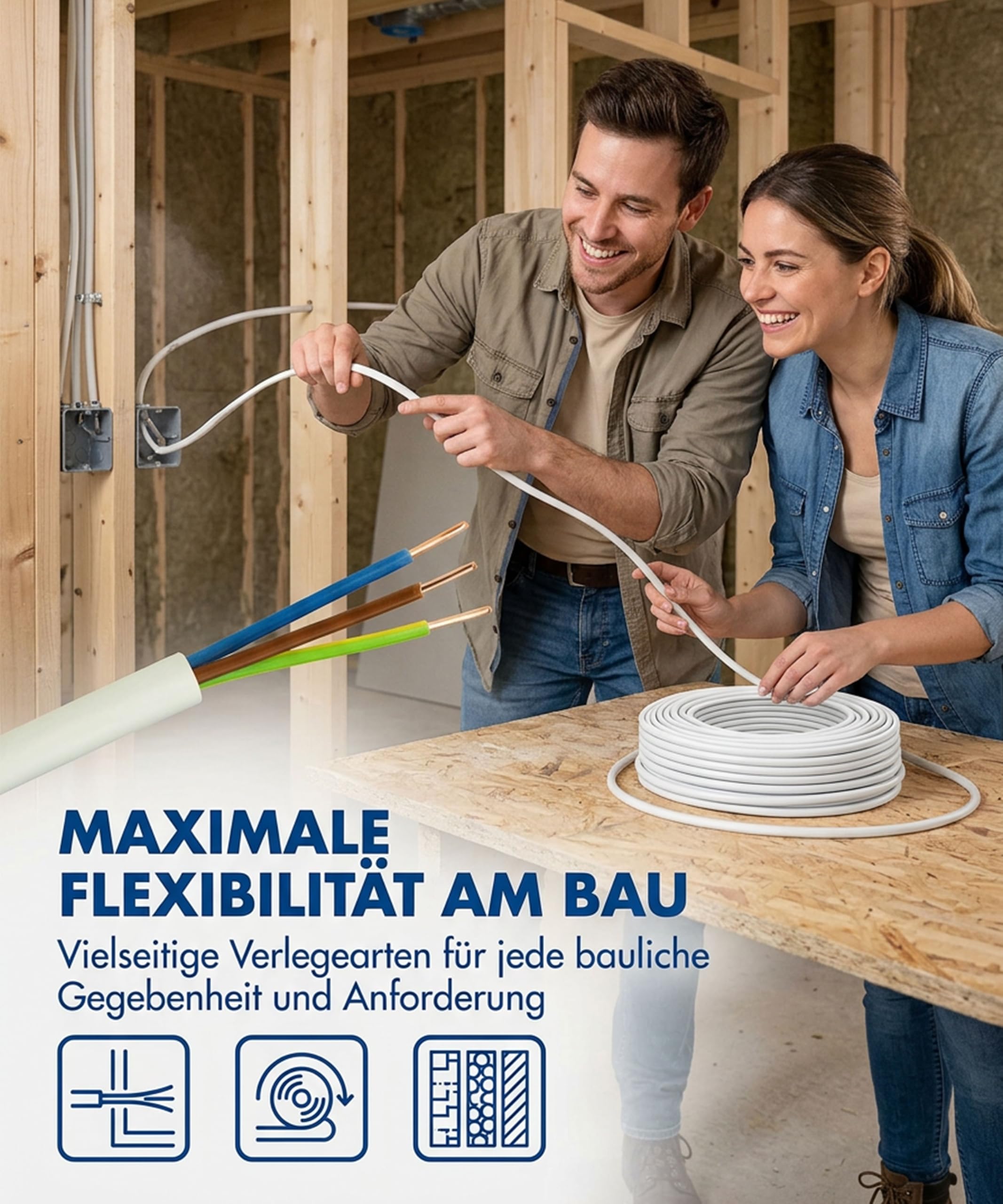 JÄGER 50 m NYM-J Mantelleitung, Installationskabel 3 x 1,5 mm², VDE zertifiziert, Kupferleitung für Unterputz und Aufputz, Feuchtraumleitung flammwidrig, Ringware für Elektroinstallation