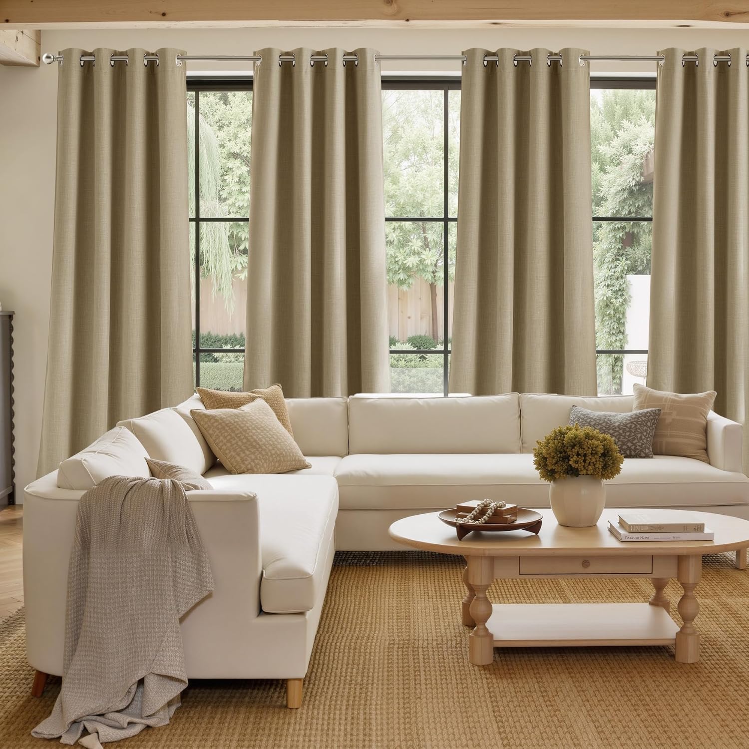 NICETOWN Short Faux Linen Oatmeal Blackout Curtains W42 by L63 image 4
