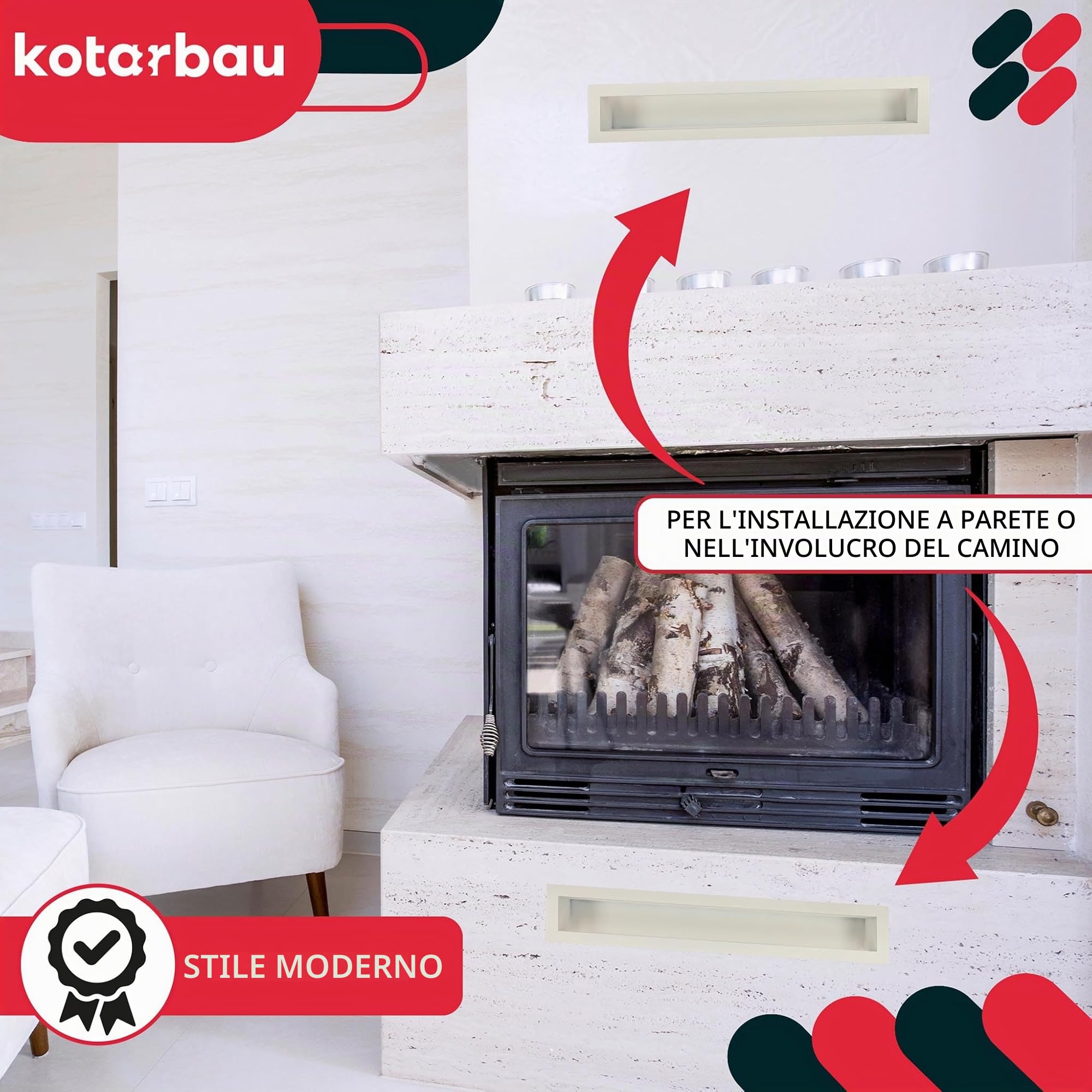 KOTARBAU® Griglia Camino - Bocchette Aria Calda Canalizzata - Acciaio Verniciato a Polvere - 60 cm - Bianco - Griglia per Caminetto - Griglie Camino - Elegante Design Moderno