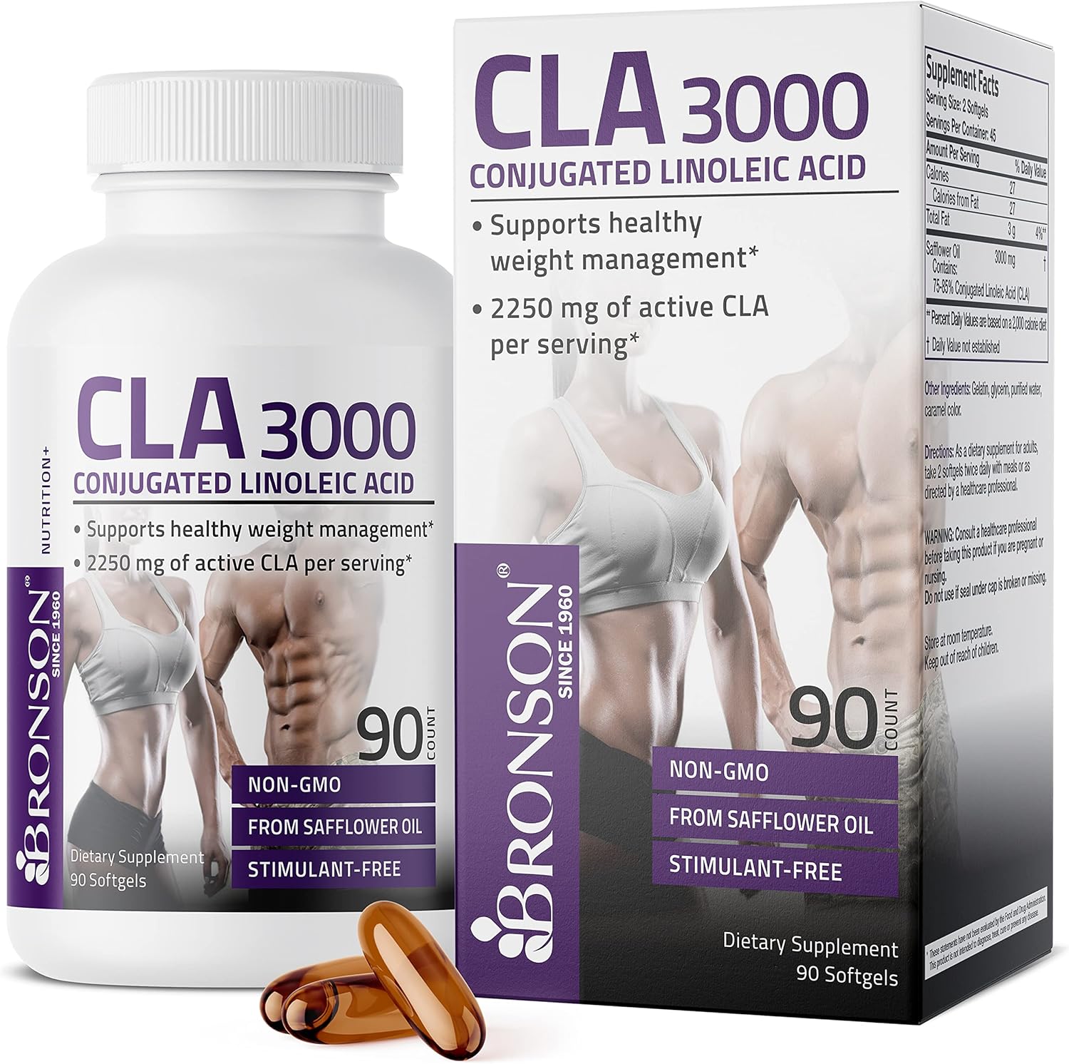 Bronson CLA 3000 Extra High Potency Supports Healthy Weight Management Lean Muscle Mass Non-Stimulating Conjugated Linoleic Acid, 90 Softgels : Health & Household