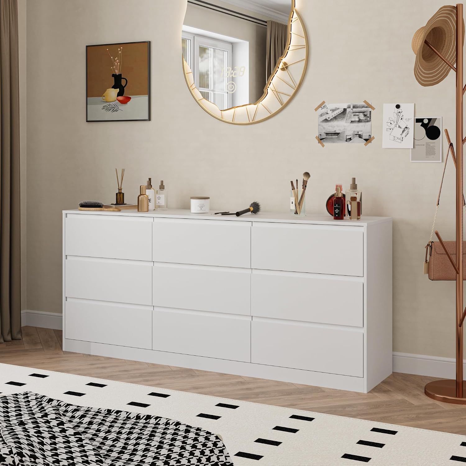 Bobve 70.9” Dresser for Bedroom with 9 Drawers, Large Modern Chest of Drawers with Deep Drawers, Wide Double Dresser Handle Free, Storage Organizer for Bedroom, Living Room, Hallway (White)