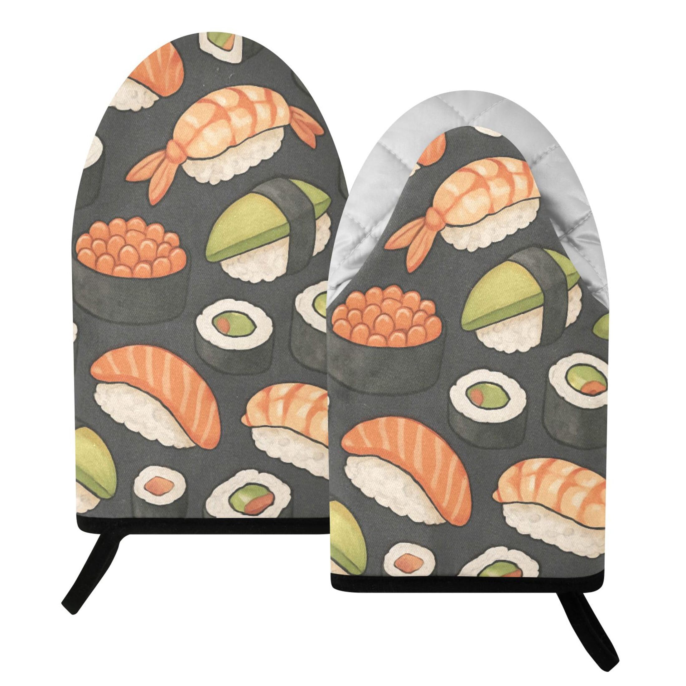 Fuauuyl Oven Mitts Heat Resistant Kitchen Gloves, Cute Sushi Classic Oven Gloves with Hanging Loop for Baking BBQ Cooking Grilling, 1 Pair, 9.5 in