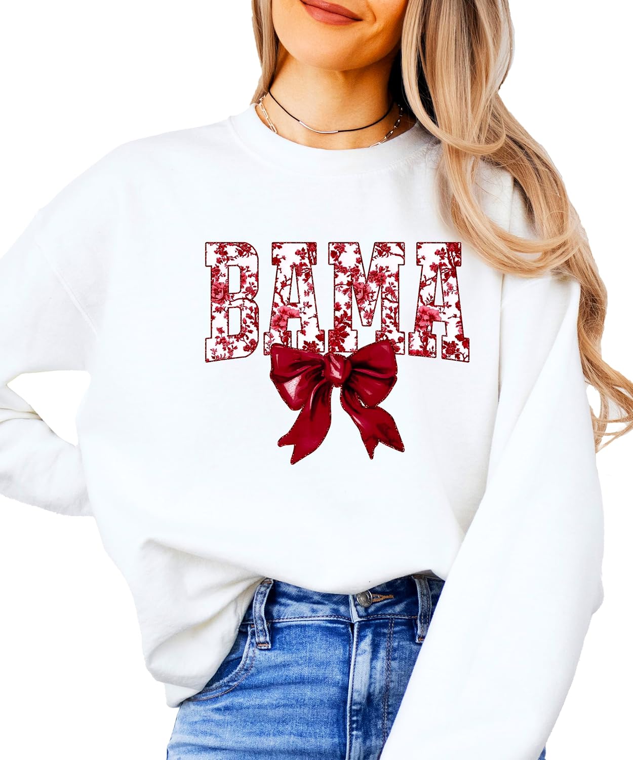 Olive Loves Apple Bama Sweatshirt with Crimson Coquette Bow Alabama School Pride Red Floral Sweater for Adults