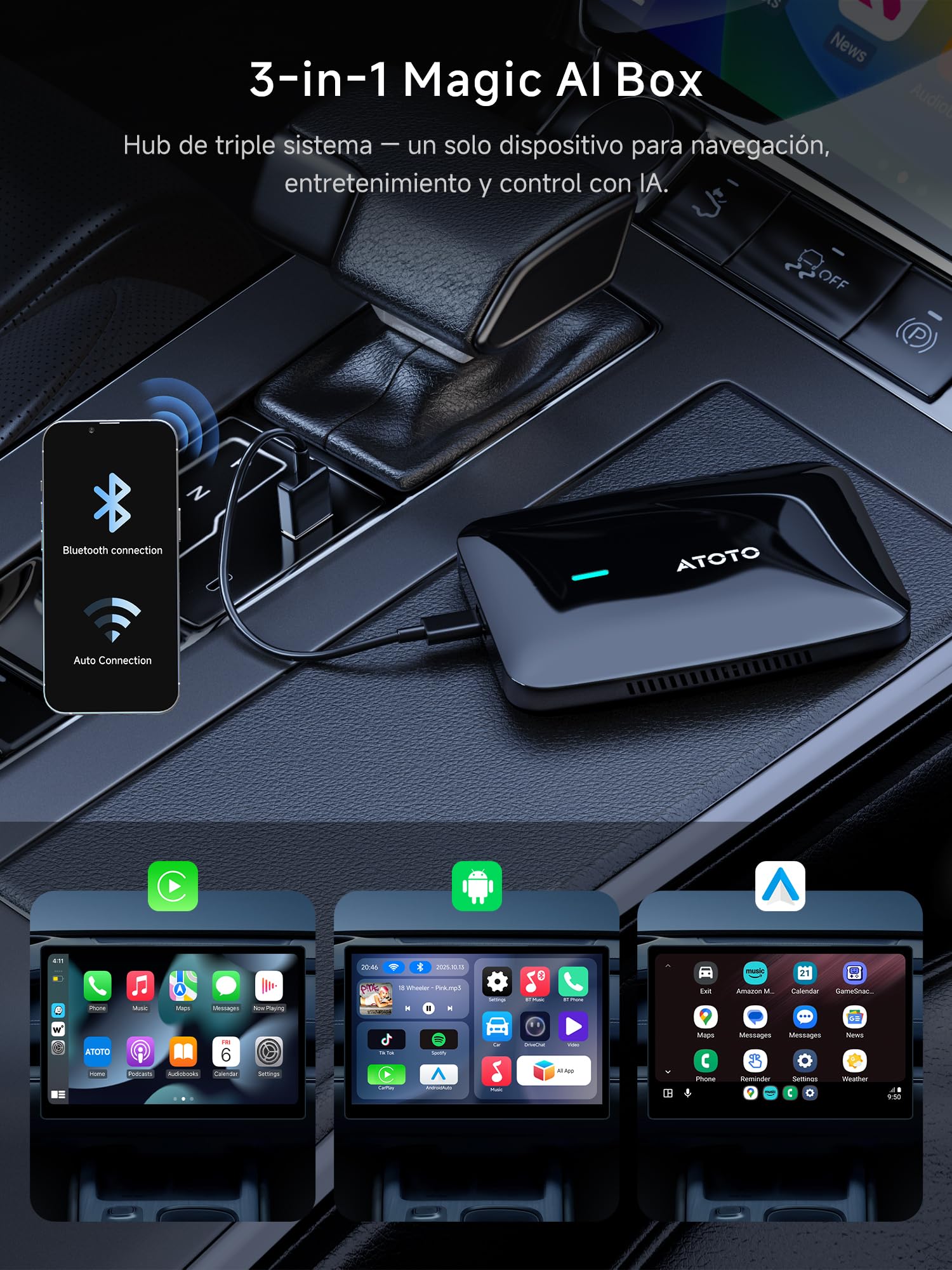 Adaptador CarPlay Android Auto Inalámbrico, AI Box carpaly Youtube/Netflix | 4+32GB,DriveChat AI, YouTube, Doble WiFi, Bloqueo Bluetooth,Aplicaciones instalables
