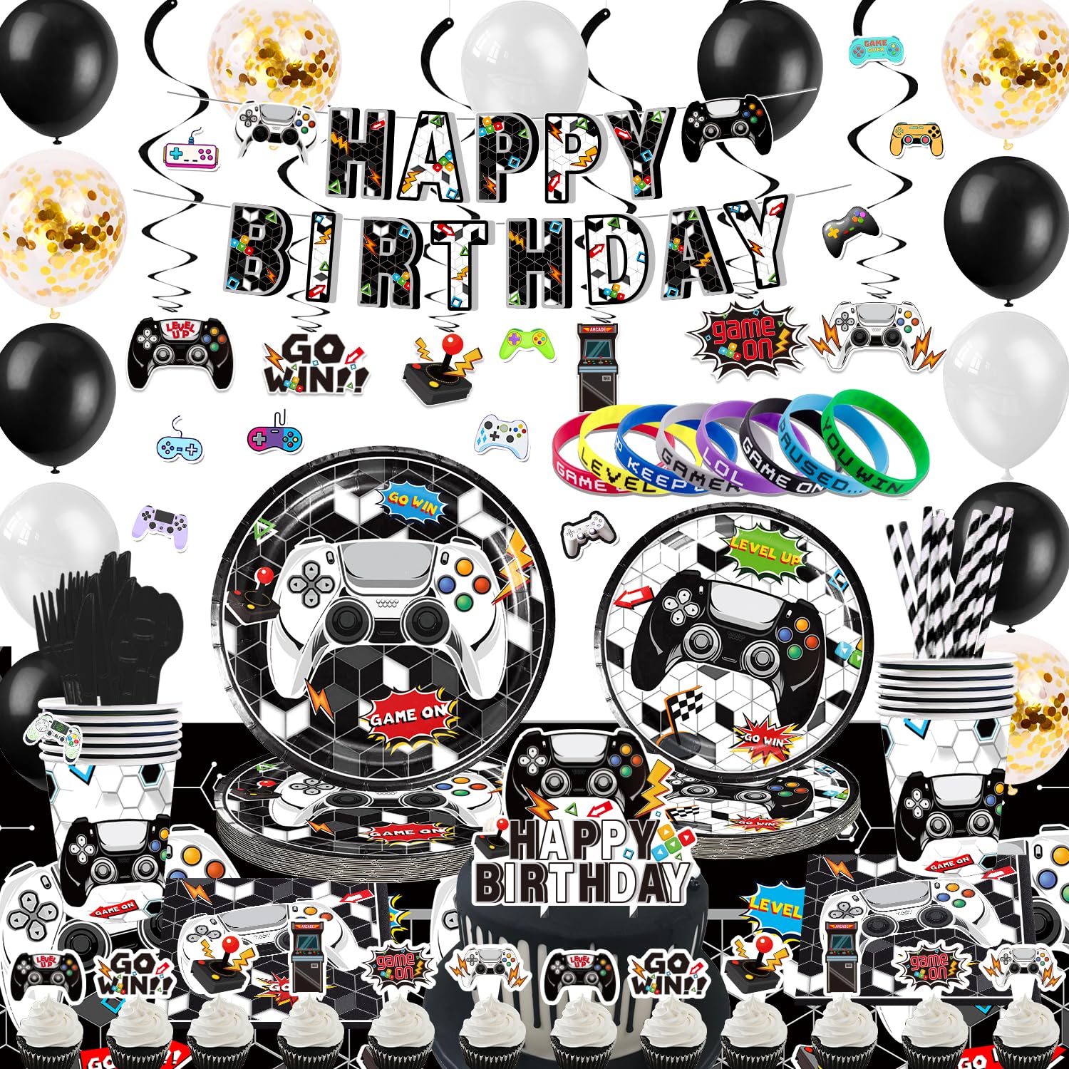 KimaruLZ Gamer Birthday Party Decoration - 275Pcs Black White Video Game Gaming Party Supplies For Boys Birthday Party - Table Cover, Utensils,