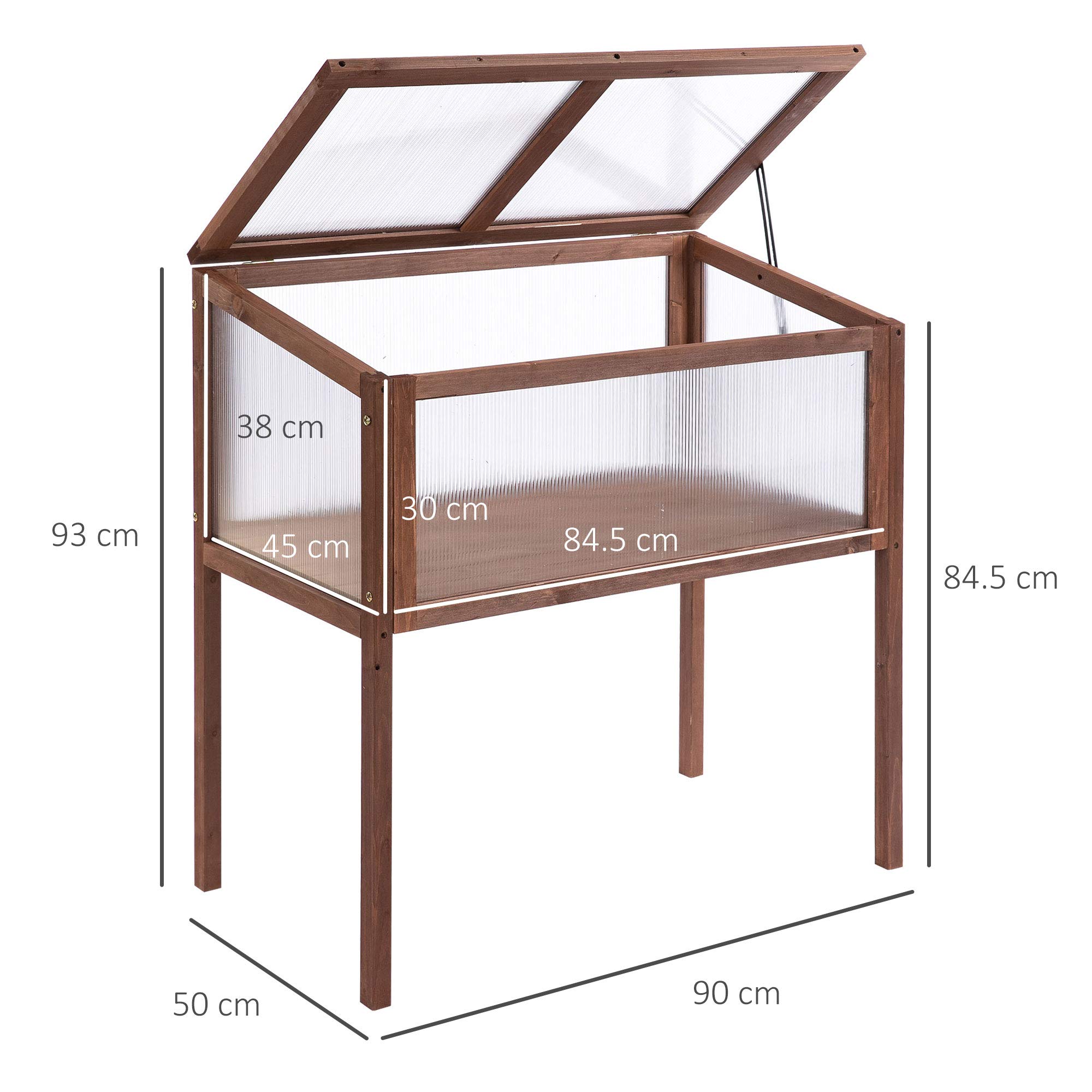 Outsunny Mini Serra da Giardino Letto per Orto Rialzato per Piante Struttura in Legno e Policarbonato con Tetto Apribile e Inclinato, 90x50x93cm