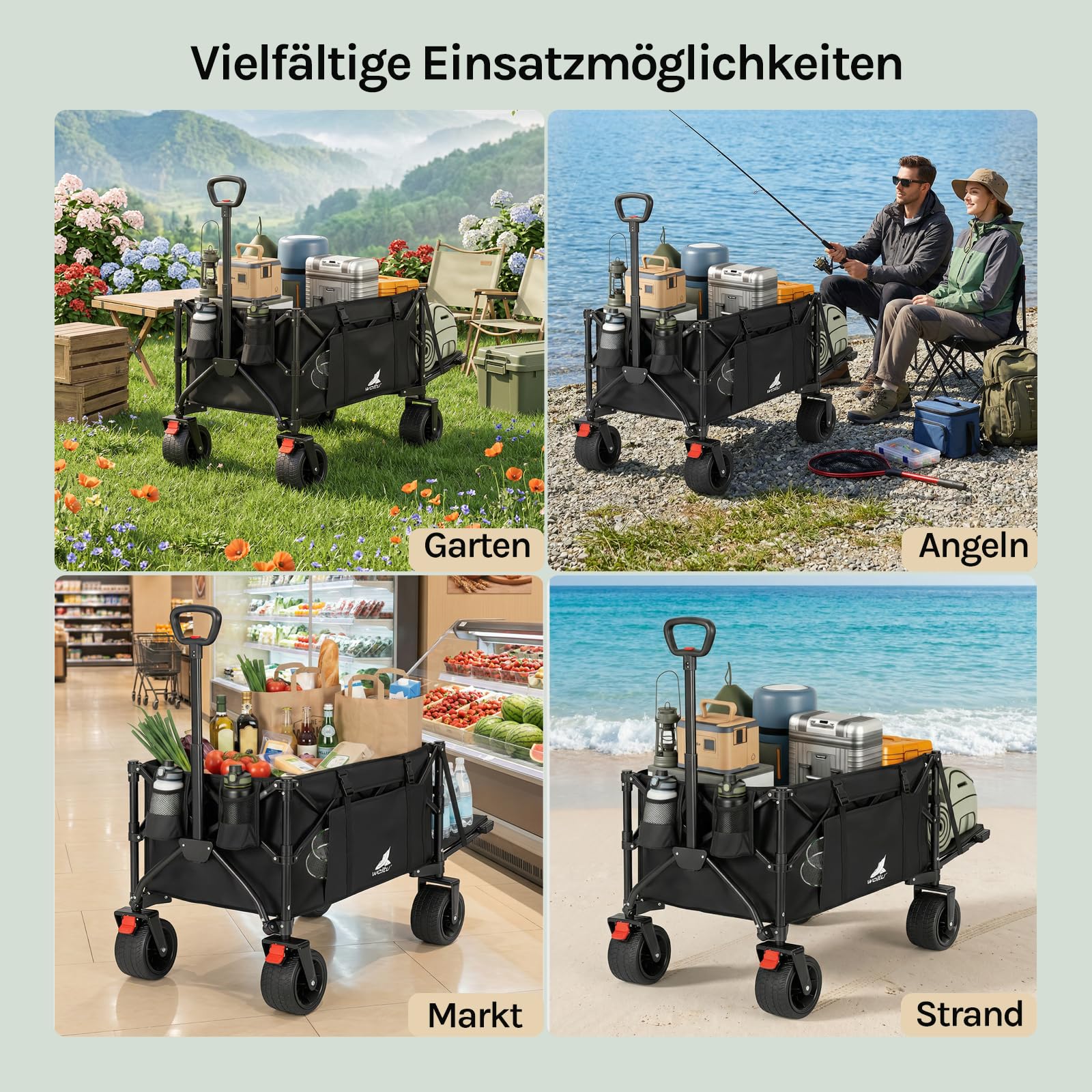 WOLTU Bollerwagen faltbar, Campingwagen 205 L, Tragkraft 180 kg, mit 4 großen Rädern & Seitentasche & 2 Innentaschen & 2 Getränkehaltern, für Camping Strand Garten, Schwarz
