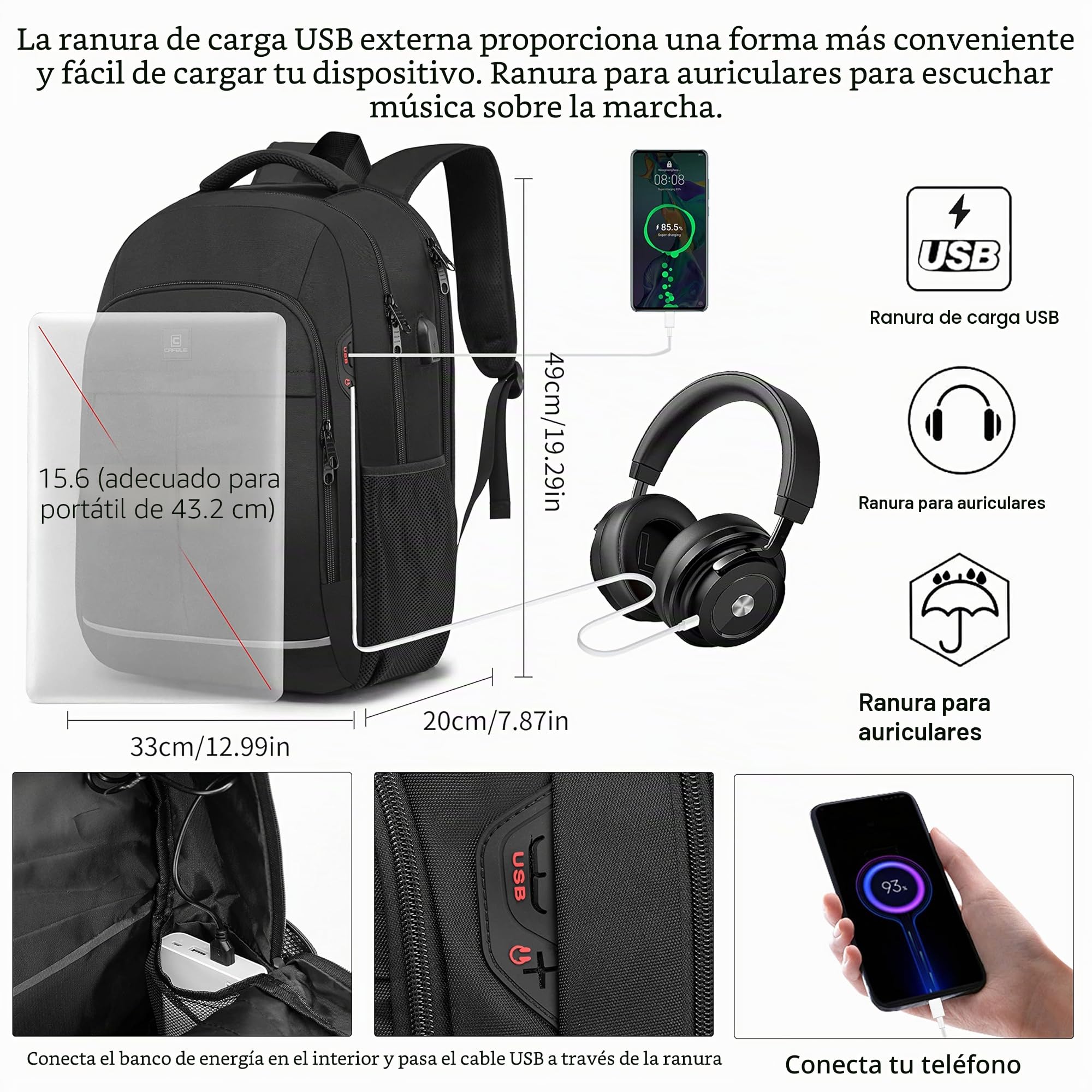 Mochila para computadora portátil, Bolsa de Viaje para computadora portátil, Bolsa universitaria antirrobo para Hombres, Mochila de Negocios Delgada con Puerto de Carga USB