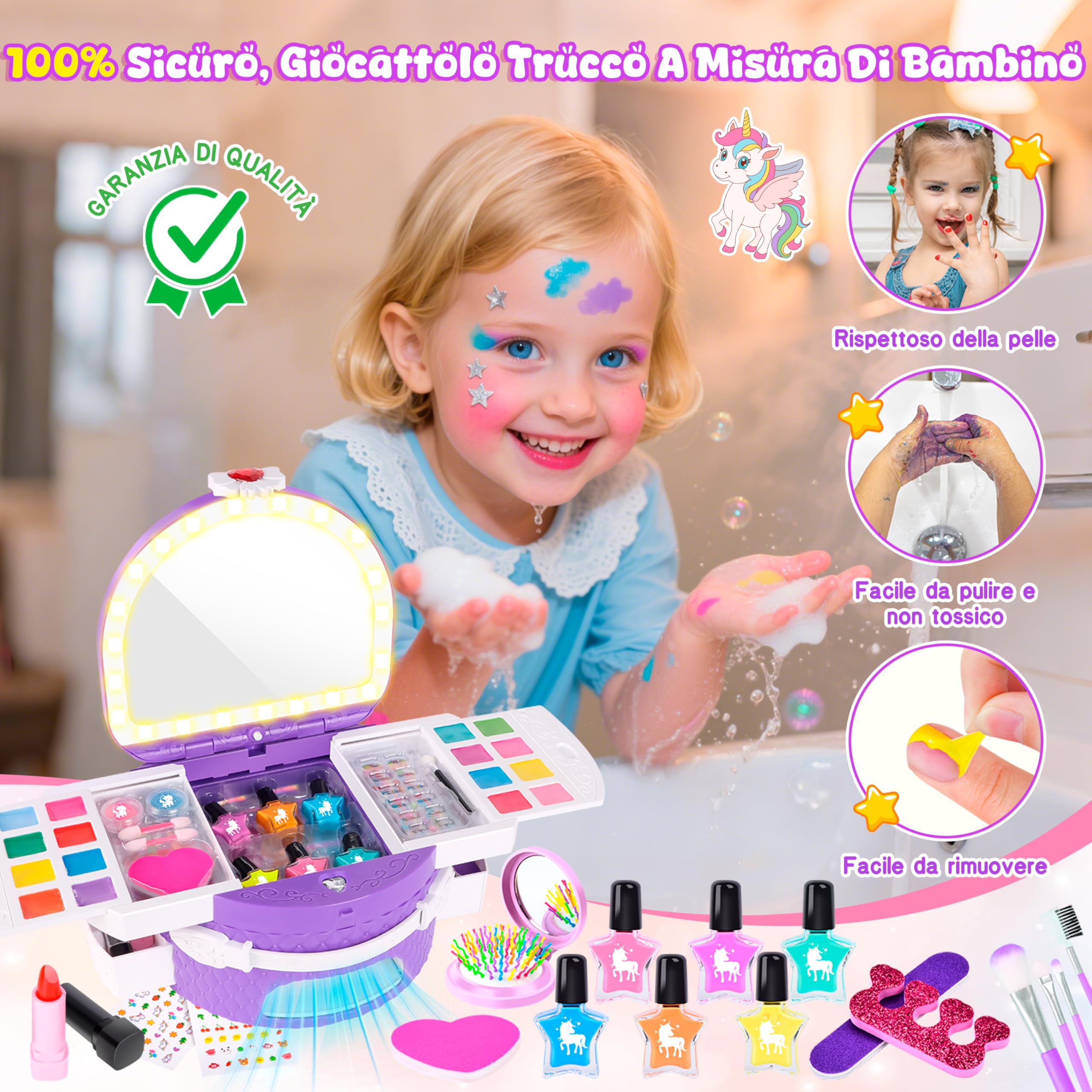 Herenear Kit Unghie Bambina 6-12 Anni, Trucchi Bambina Kit Unghie con Unghie Asciuga, Peel Off Smalto per Unghie, Adesivi Compleanno Manicure Gioco Regalo Ragazza (Viola)