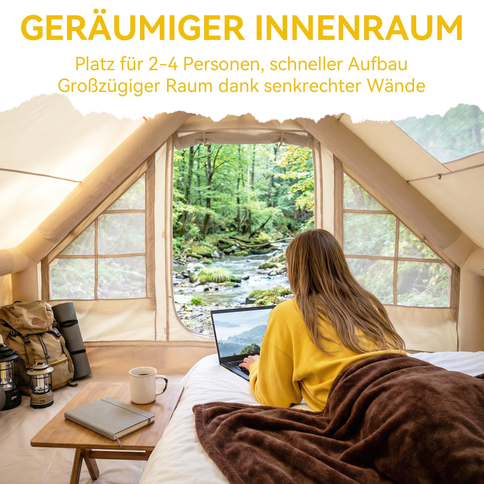 Aoxun Aufblasbares Zelt mit Pumpe für 4-8 Personen, 300×210cm winterfestes Aufblasbares Campingzelt mit Ofenloch für 4 Jahreszeiten, geräumiges Luftzelt für Glamping & Outdoor