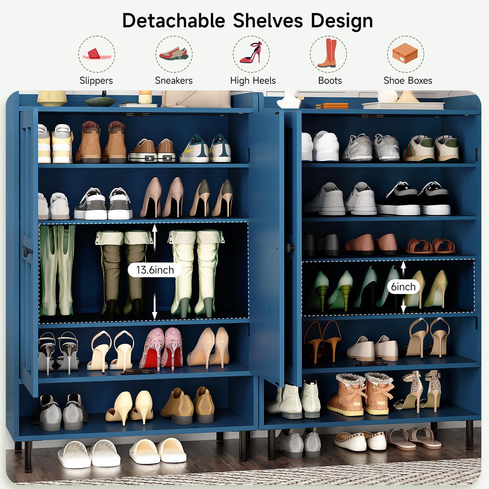 ONBRILL Shoe Cabinet with Cross Molding Doors, 6-Tier Shoe Storage (Blue)