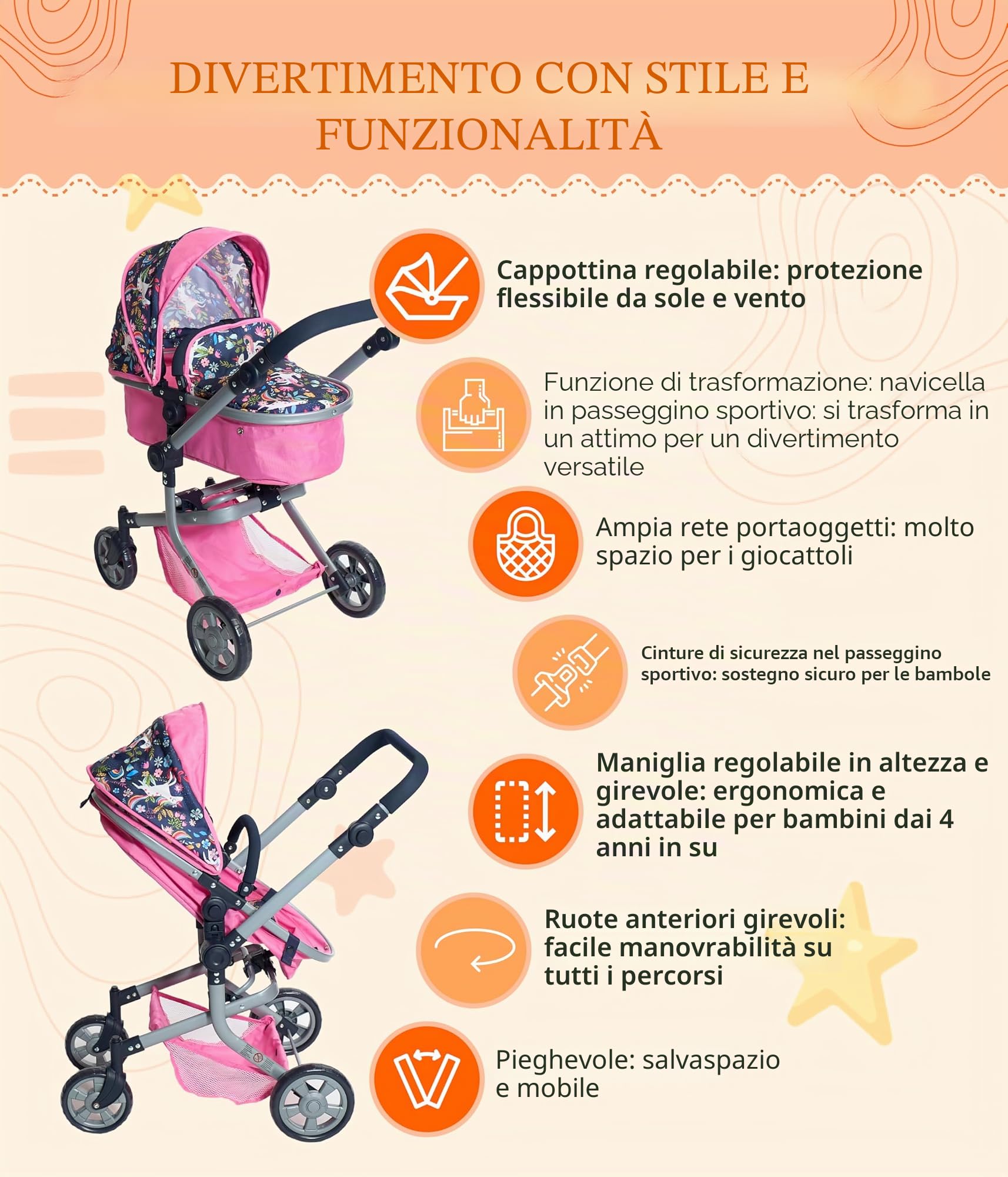 Bayer Chic 2000® Passeggino per bambole 2 in 1 Mika - Rosa Navy - Pieghevole - Manico regolabile in altezza 47-80 cm - Telaio moderno - Bambole fino a 52 cm - 4-8 J Unicorno