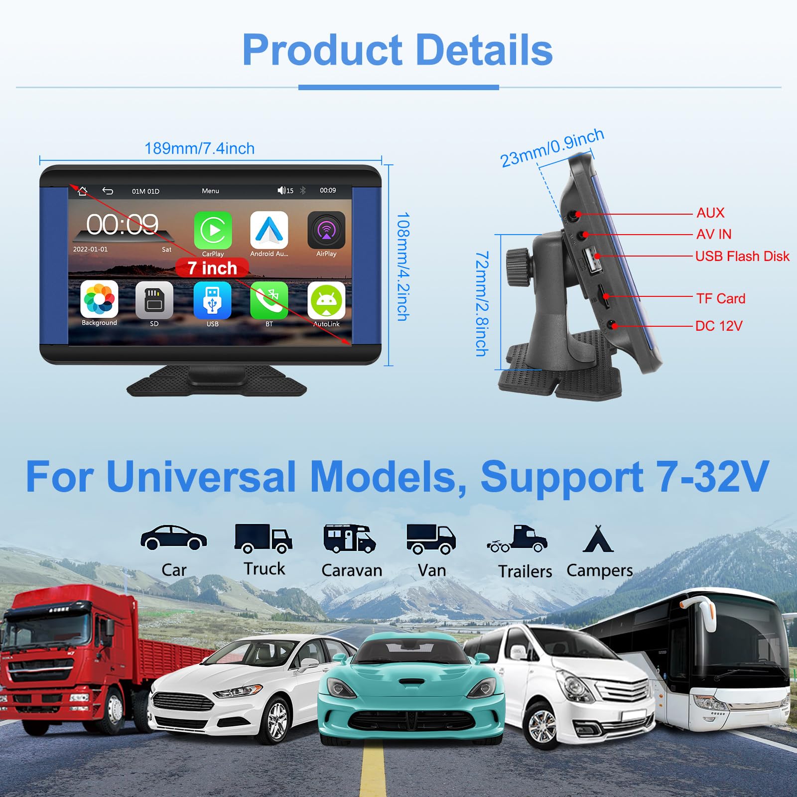 Podofo Wireless Carplay e Android Auto Autoradio Portatile 7" HD Touchscreen Autoradio con Bluetooth, Trasmissione FM, Airplay, Mirror Link & Telecamera per La Retromarcia