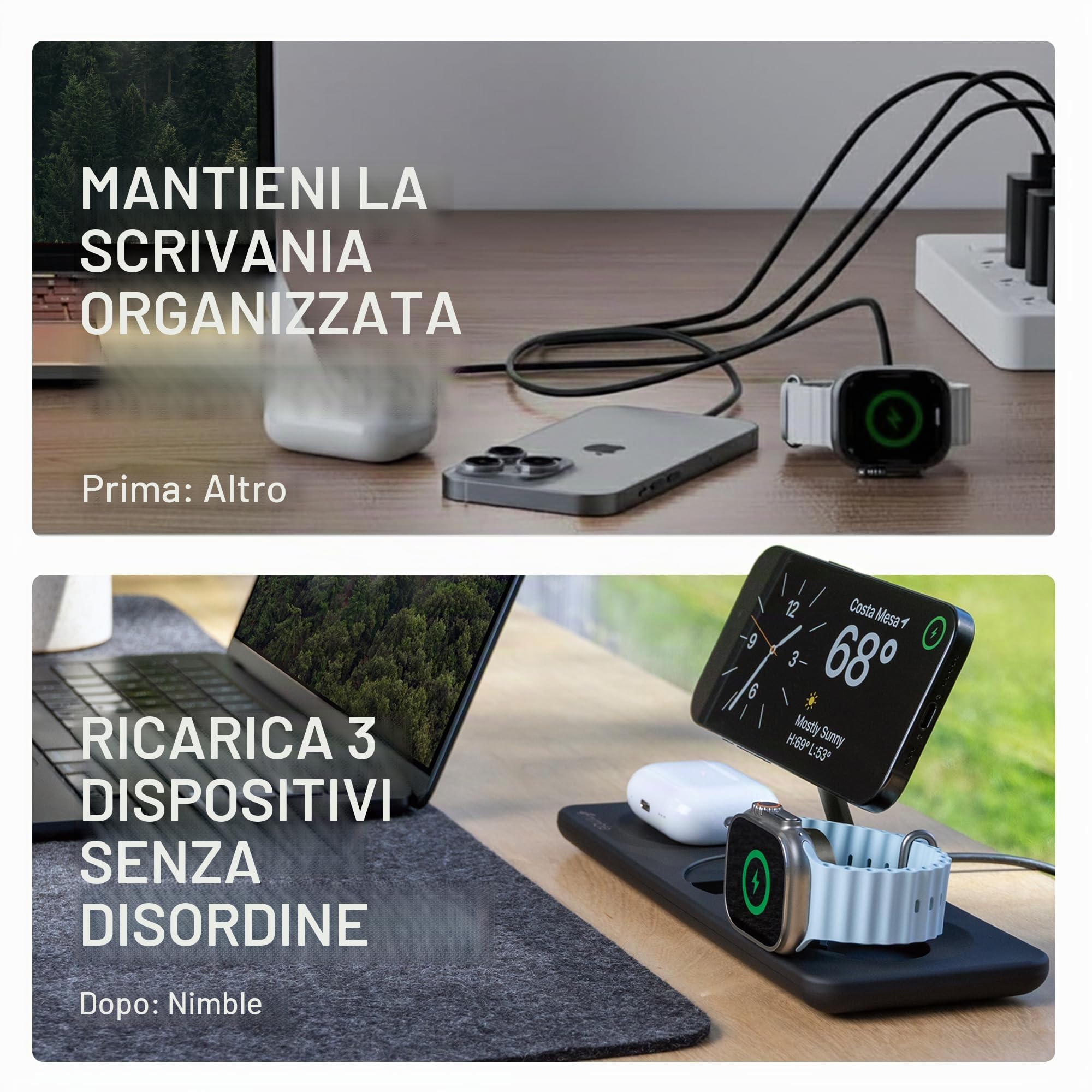 Nimble Podium - Stazione di ricarica wireless 3 in 1 per Apple, supporto caricabatterie Magsafe da 15 W, certificato Qi2, caricabatterie wireless per iPhone 16, 15, 14, 13, 12, Apple Watch, serie