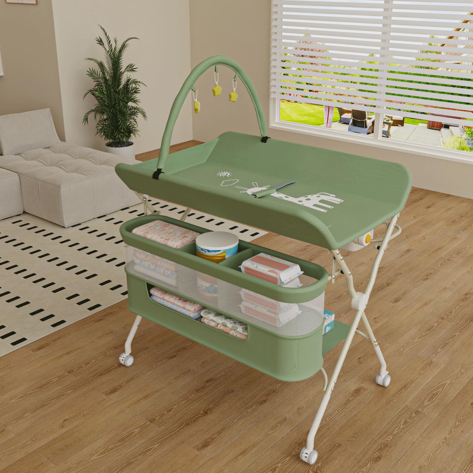 Table à Langer Mobile - Commode à Langer Pliable avec Panier de Rangement - Table à Langer pour Nouveau-nés et Tout-Petits - Réglage de la Hauteur à 5 Vitesses - Vert