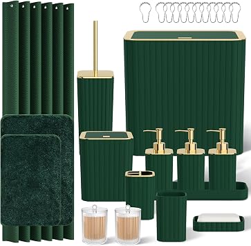 Bathroom Sets with Shower Curtain and Rugs - Elegant Bathroom Set, 27PC Bathroom Accessories Set, Green Bathroom Set, Mini Trash Can, Toilet Brush, Trash Can & Soap Dispenser