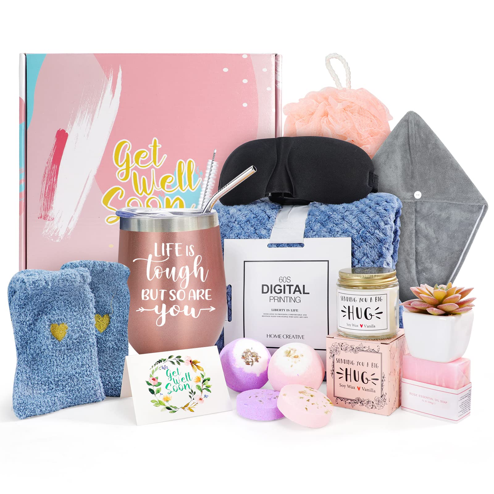 Get Well Soon Gifts for Women,Care Package for Sick Friend,Surgery Recovery Gift Feel Better Soon Gift Basket Thinking of You Self Care Gifts for Mom Sister Best Friend with Warm Blanket Socks Tumbler