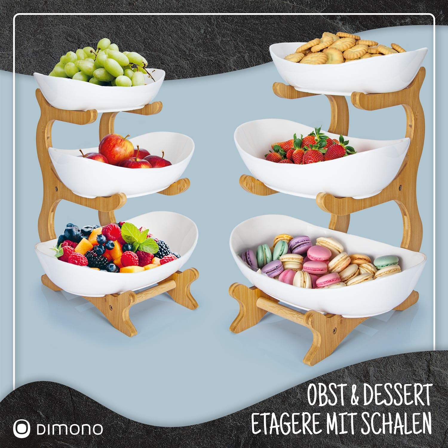 DIMONO® Etagere 3 Etagen Keramik, 32cm Bambus Ständer für Obst & Desserts | Platzsparende Obstetagere, kippsichere Keramikschalen, Bambus Servierständer, 3 stöckig, edle Gemüseschale für die Küche
