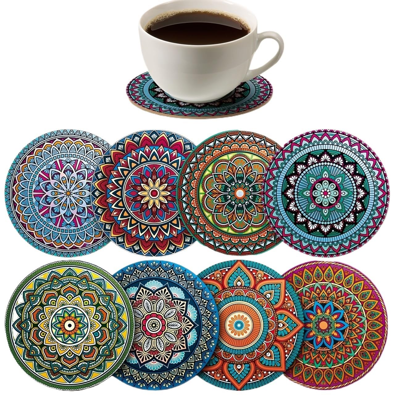 Coaster 8pcs Wooden Mandala Coaster Set, For Bar, Office, And Home Decor
