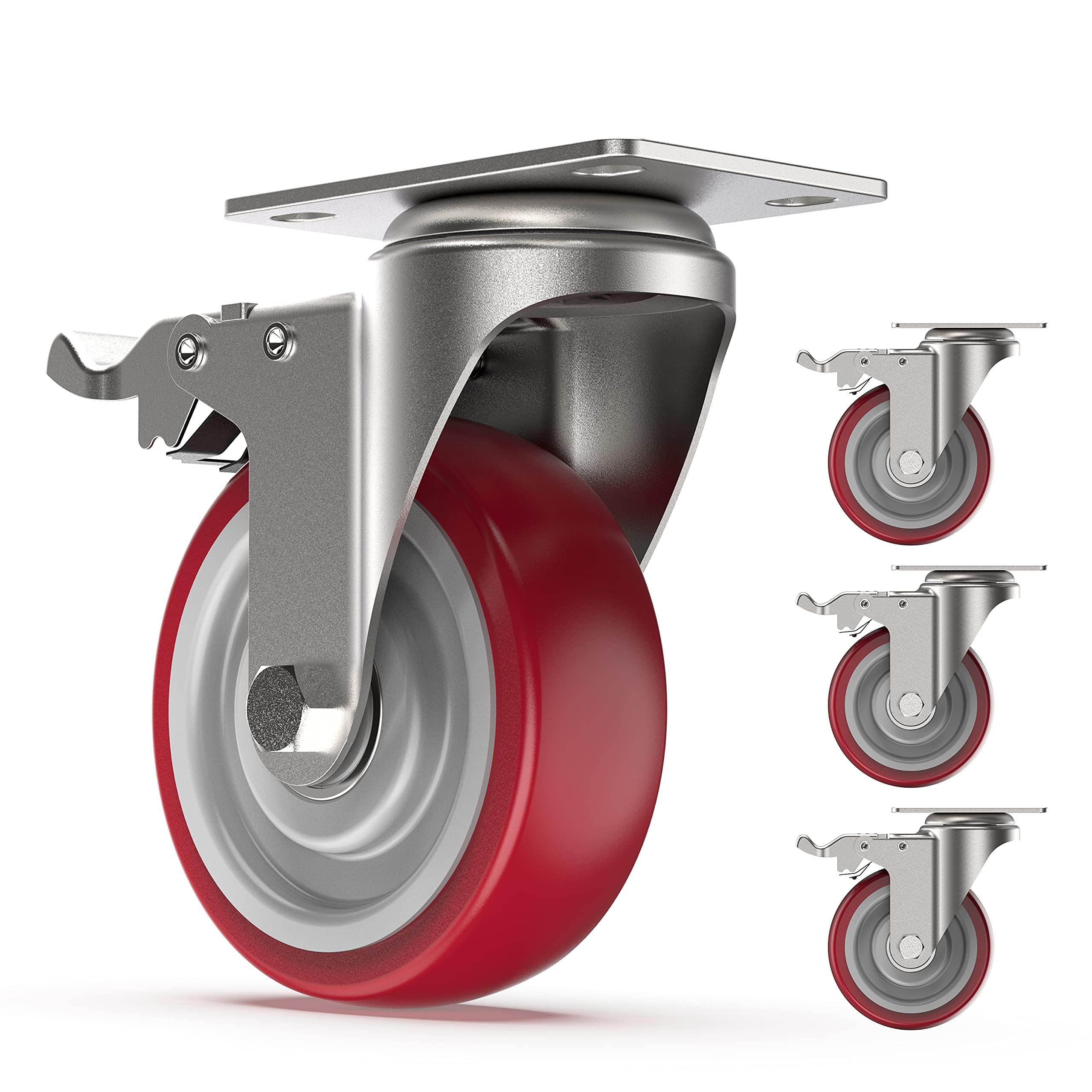 COOCHEER Set of 4 100 mm Ruote girevoli, Ruote Orientabili con Freno Rotelle per Letto e Mobili, Capacità di carico massima 400KG, Rosso
