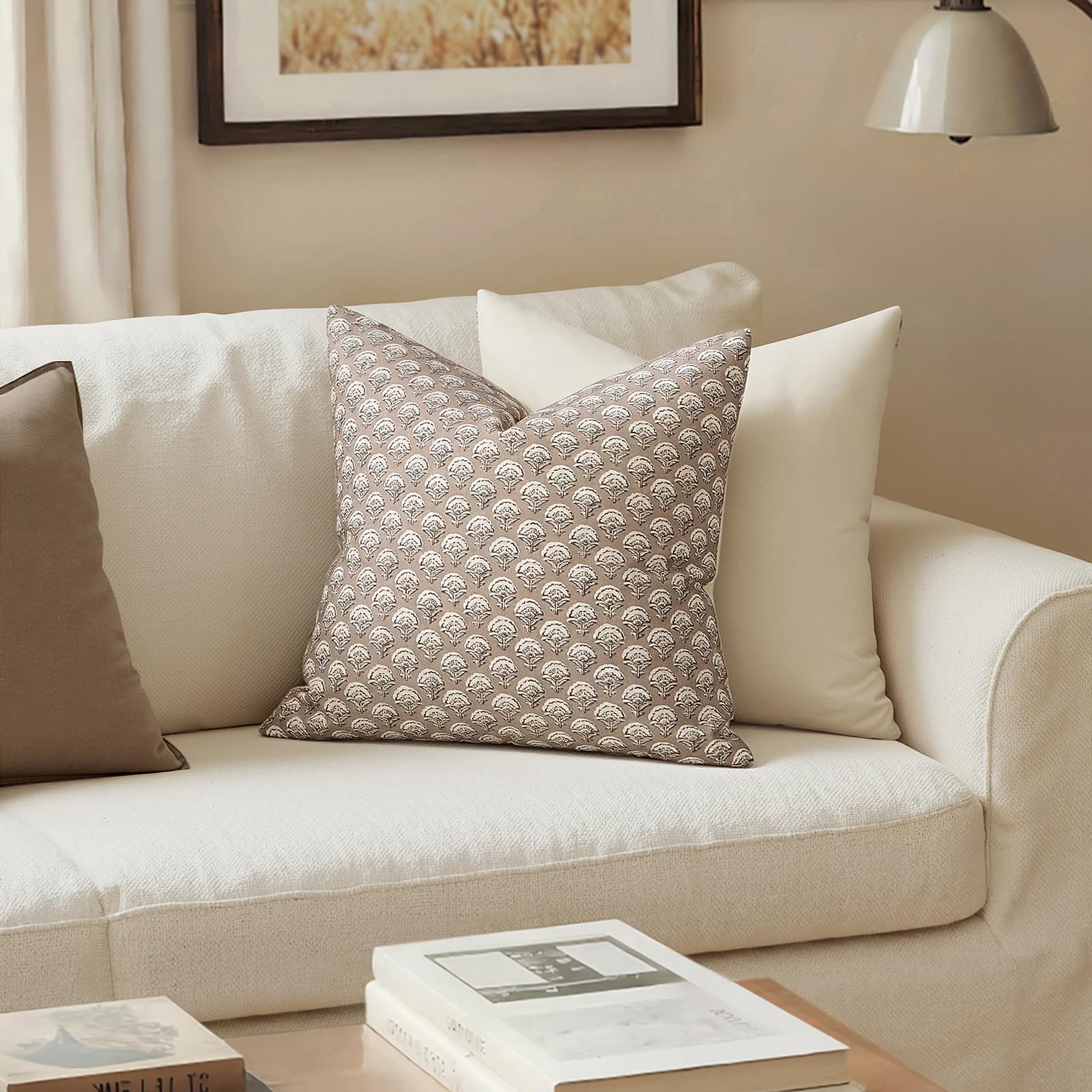 MIULEE Set of 2 Decorative Floral Pillow Covers Neutral Vintage Throw Pillows Block Print Boho Farmhouse Cushion Covers for Modern Spring Home Decor Couch Sofa Bed Living Room, 18x18 Inch, Light Taupe — view 2