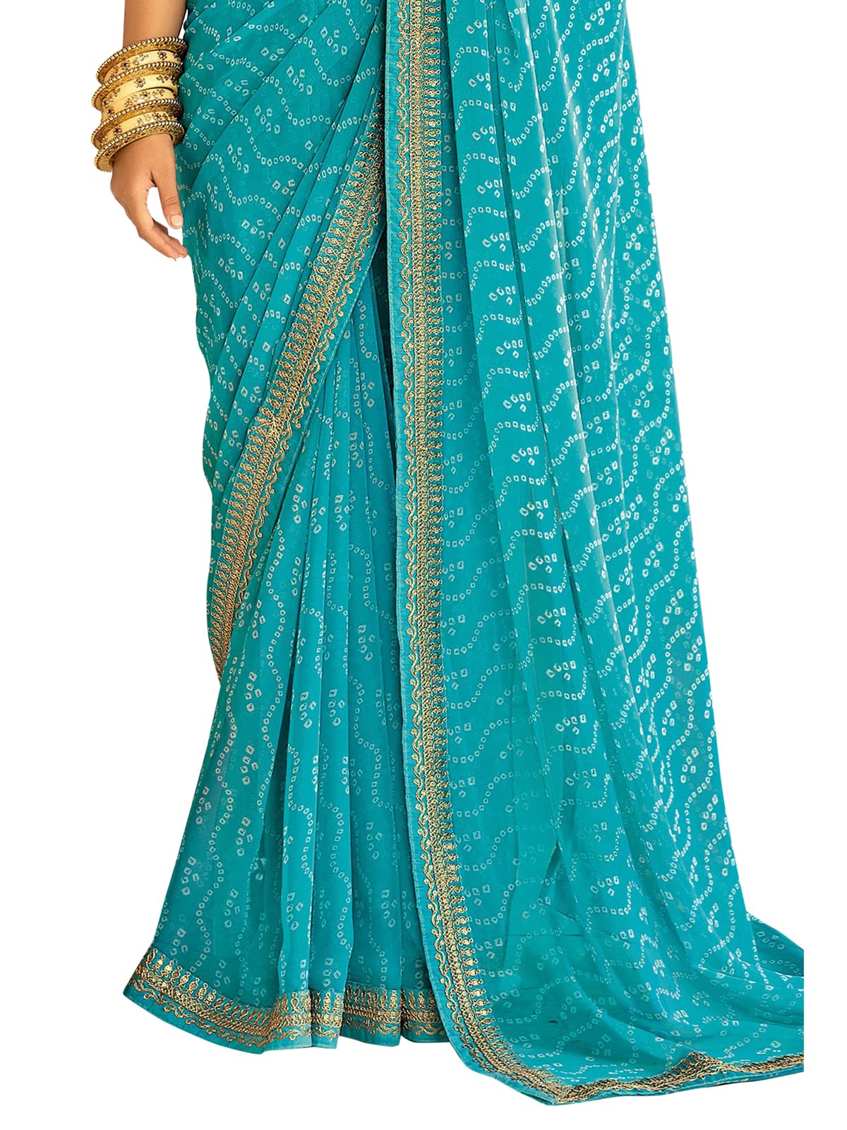 Satrani Women's Bandhani Printed & Embroidery Work In Lace Georgette Saree With Unstitched Blouse Piece(2302Sr128_Sky Blue, White)