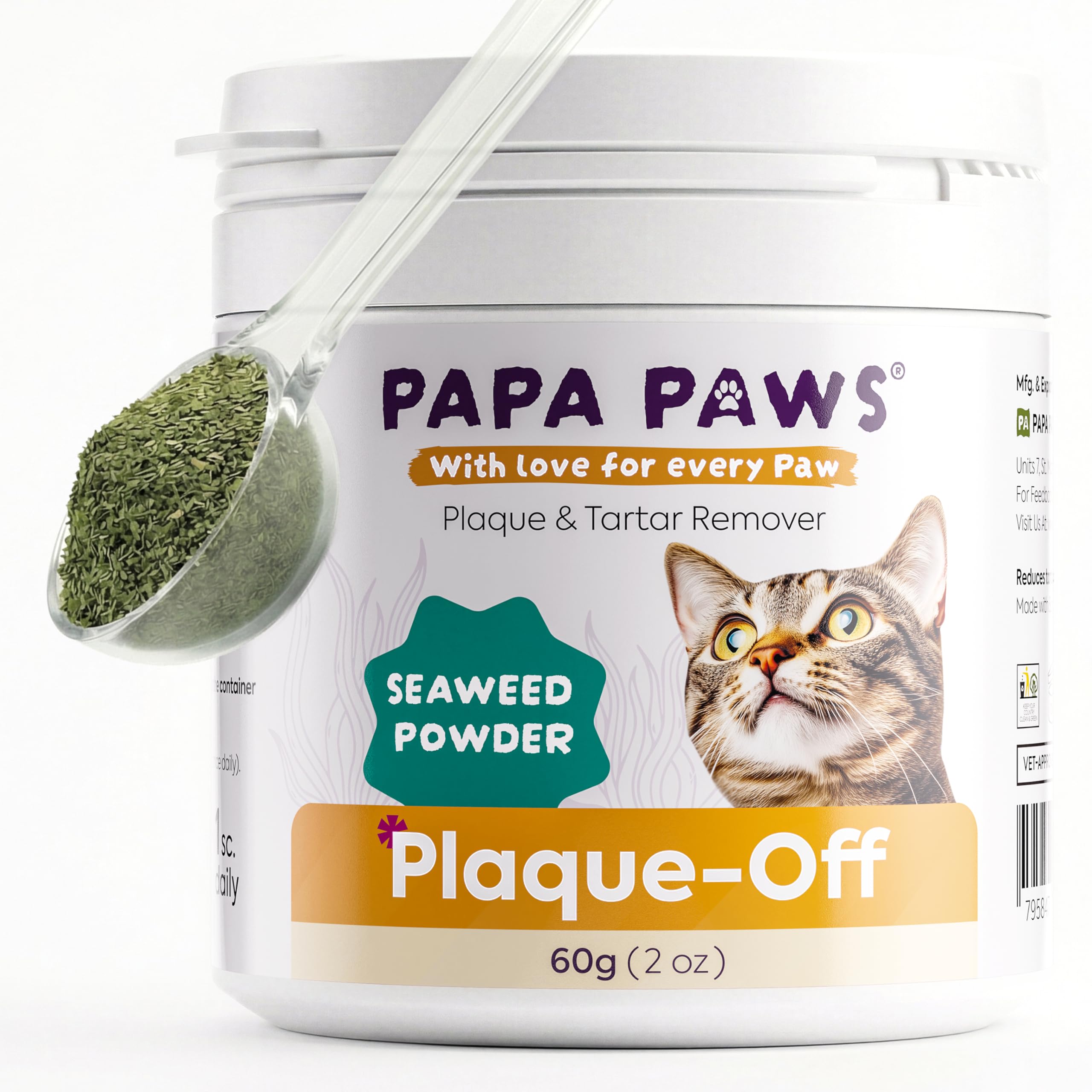 PAPA PAWS Plaque-Off Cat Dental Powder, Scottish Seaweed Tartar Remover Food Topper with Probiotics & Digestive Enzymes, Fresh Breath Support – 60g (2.1oz) Jar with Spoon