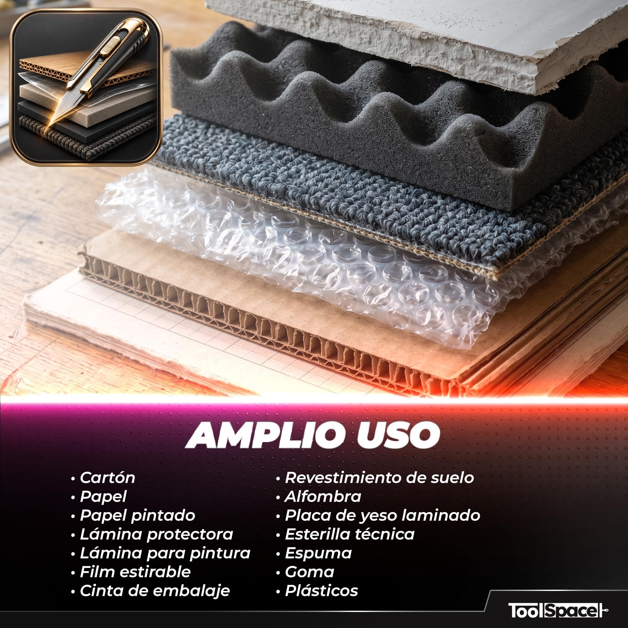 ToolSpace 12x Cúter Profesional 18 mm Con 22x Cuchillas SK5 Cuchilla Segmentada Mango Antideslizante Guía Metálica Cortador Para Cartón Papel Pintado Moqueta Plástico Bricolaje Taller Obra Pro Robusto