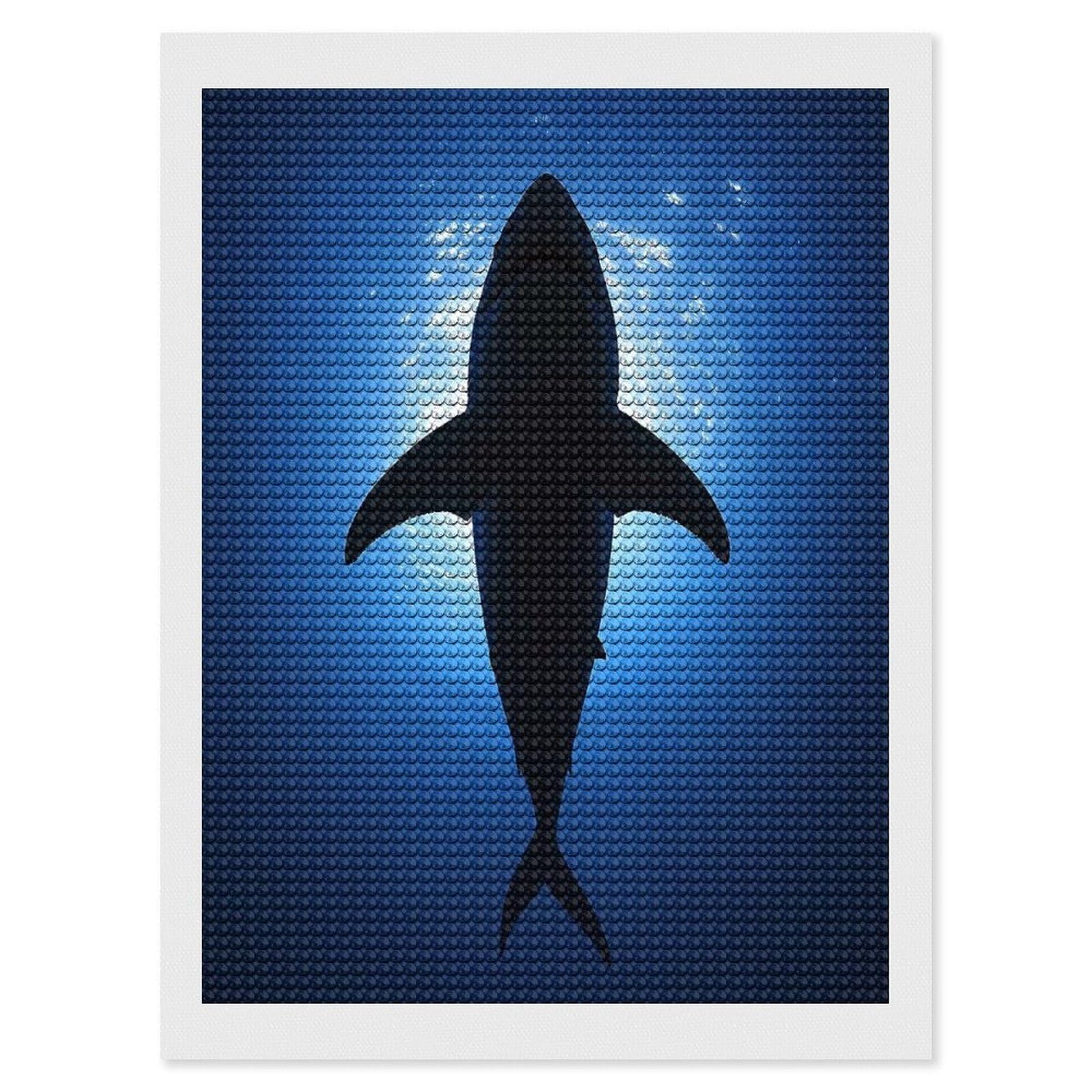 Junmoney Great White Shark Silhouette Crystal Diamond Art Kit 12"x16", Stress Relief Craft, Decorative Artwork, Vintage Style Decor, Birthday Gift