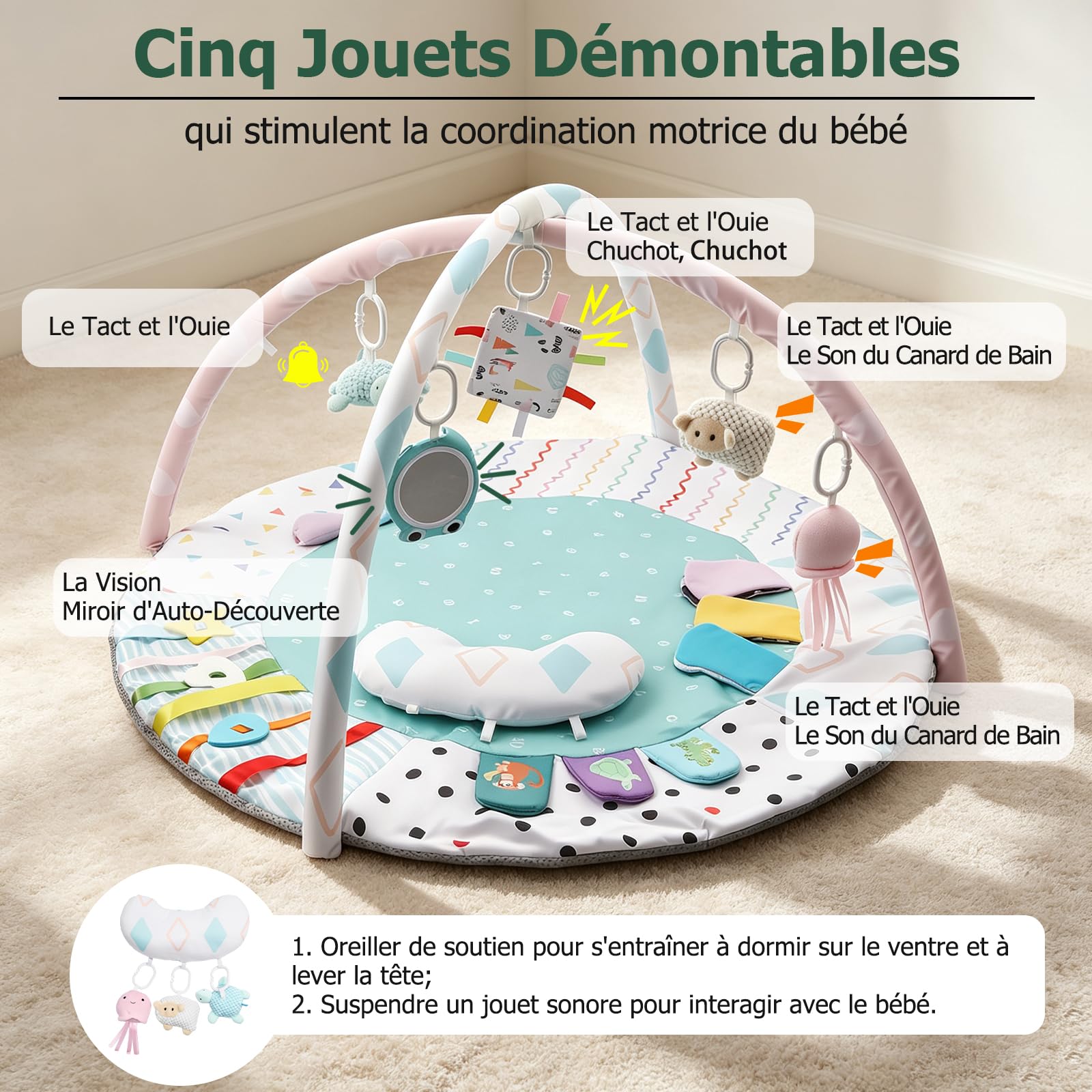 JiGiU Tapis d'Éveil Bébé 95x95cm avec Arche, Tapis de Gym pour Bébé | 5 jouets sensoriels détachables et petit coussin, montage 1min pliable transportable, adapté 0-18 mois pour éveil