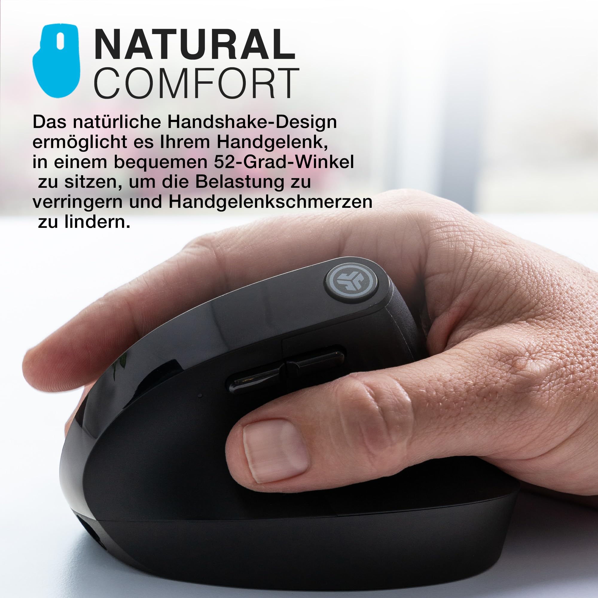 JLab JBuds Ergonomische Wireless Mouse, Verbindung über Bluetooth oder USB für mehrere Geräte, vertikale Maus kabellos, Silent Mouse, wiederaufladbare Funkmaus für Laptop, PC, Tablet, Windows/Mac