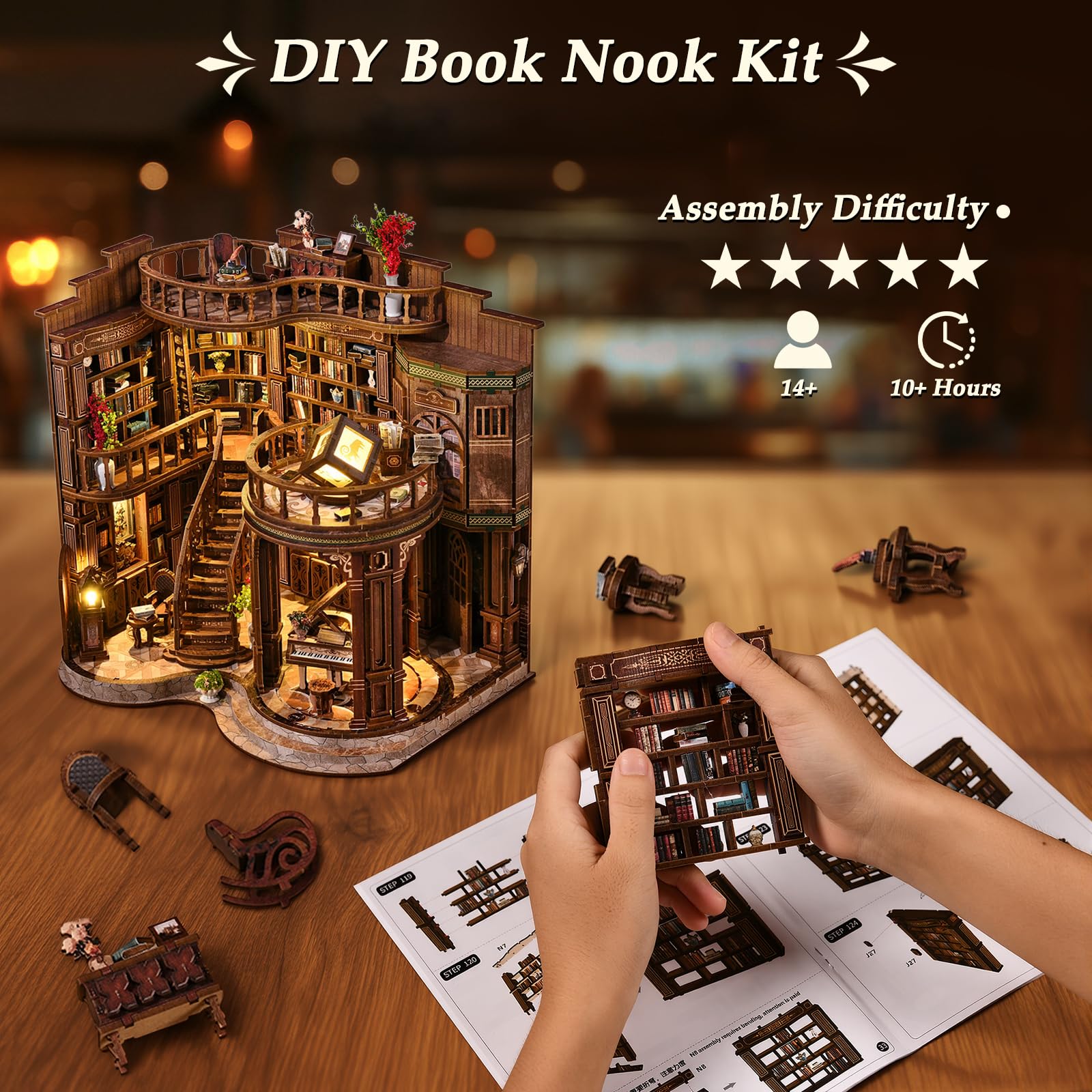 Zestaw do samodzielnego wykonania książek dla dorosłych, 3-poziomowy miniaturowy domek drewniany ze światłem LED, retro, do gabinetu, puzzle 3D, ciężkie (poziom 5), regał na książki, dekoracja, zestaw
