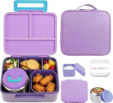 Bento Lunch Box for Kids with 8oz Soup Thermo Leak-Proof Lunch Food Containers with Snack Sauce Container for Kid Girls Boys to School,Purple Bag