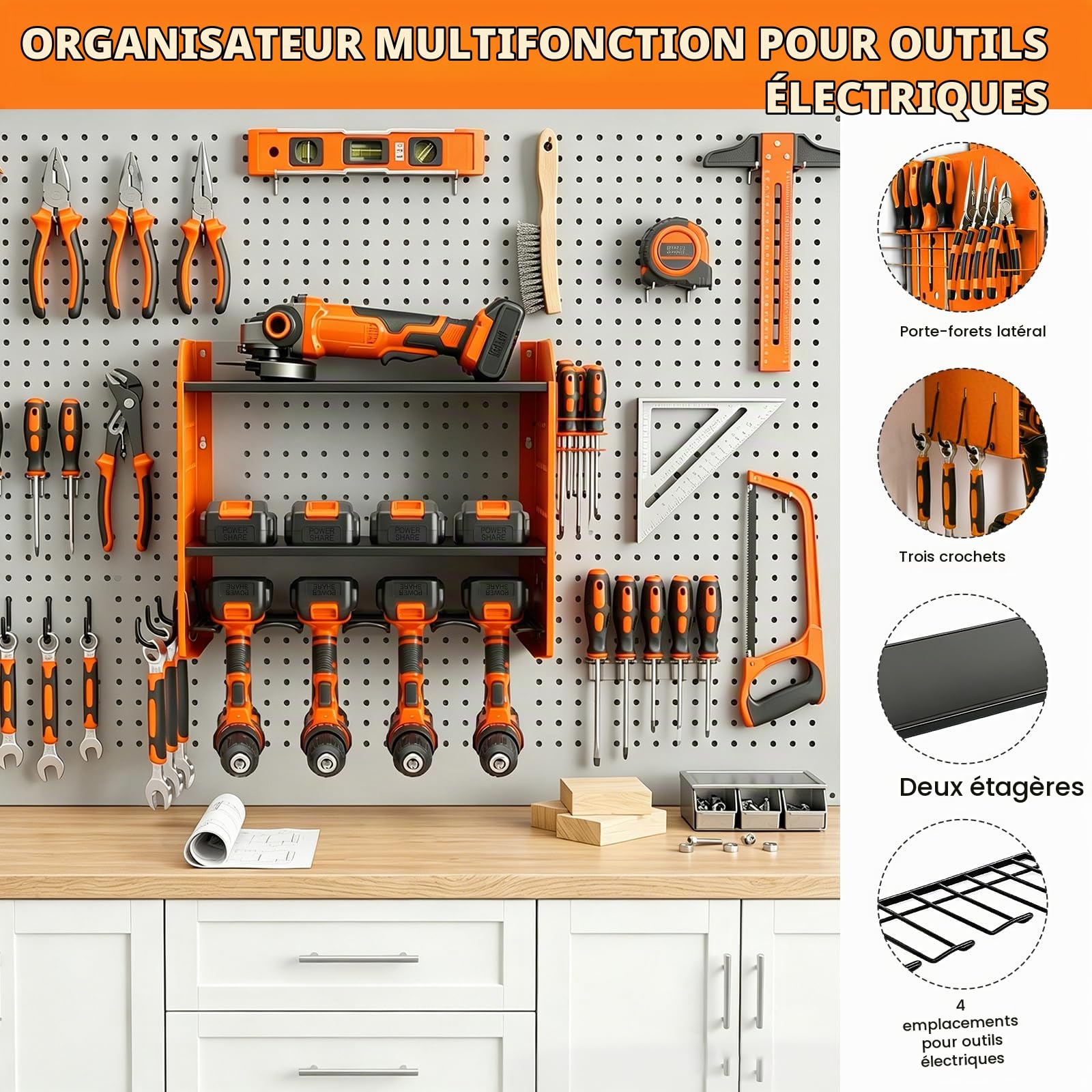 Support mural à 4 niveaux, rangement pour 5 outils électriques, perceuse à percussion, porte-outils pour garage et atelier, orange