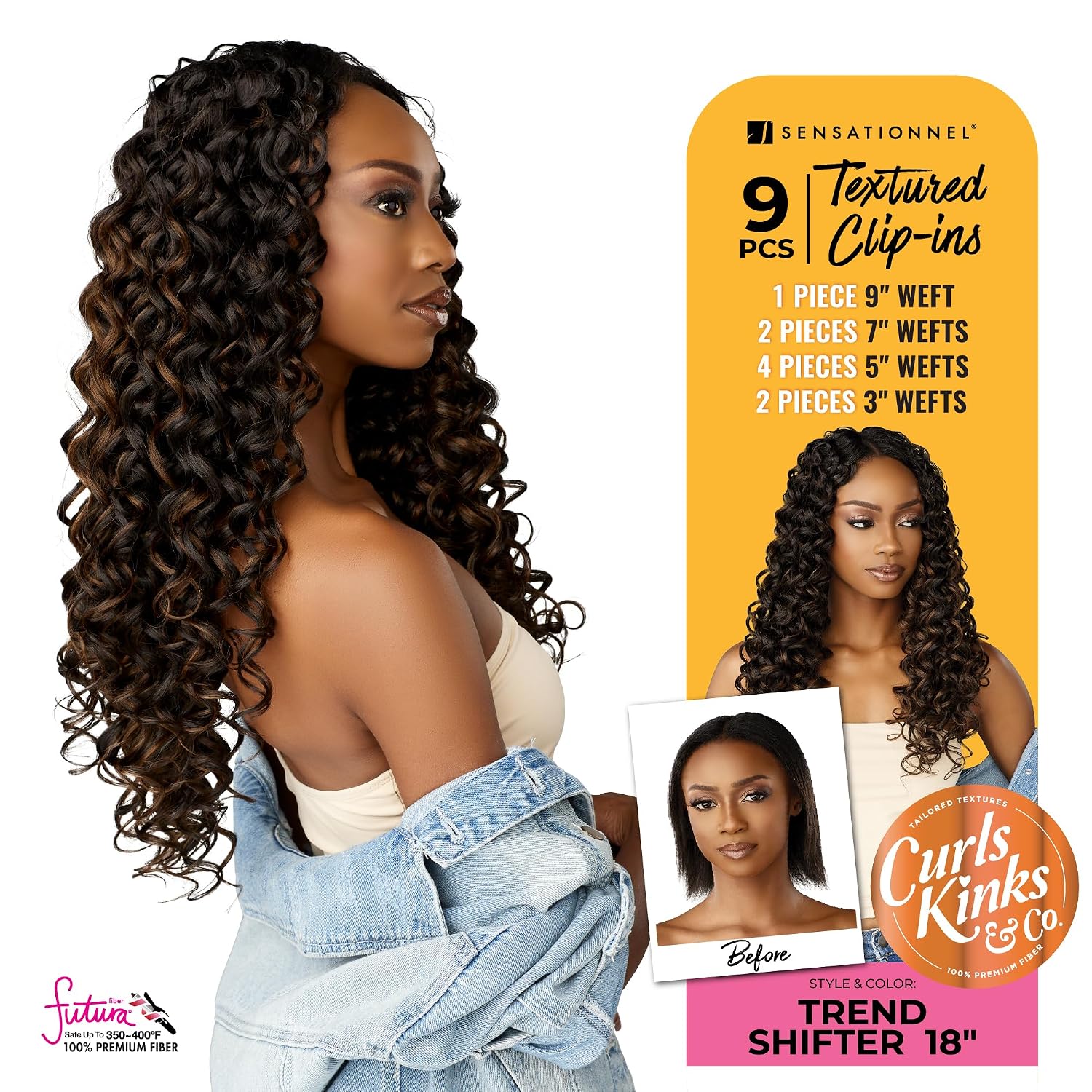 Sensationnel Curls Kinksandco Clip in - Trend Shifter 18 Inch 9 Piece Pack Easy to Use Clips for Natural 3c to 4c hair (1 JETBLACK)