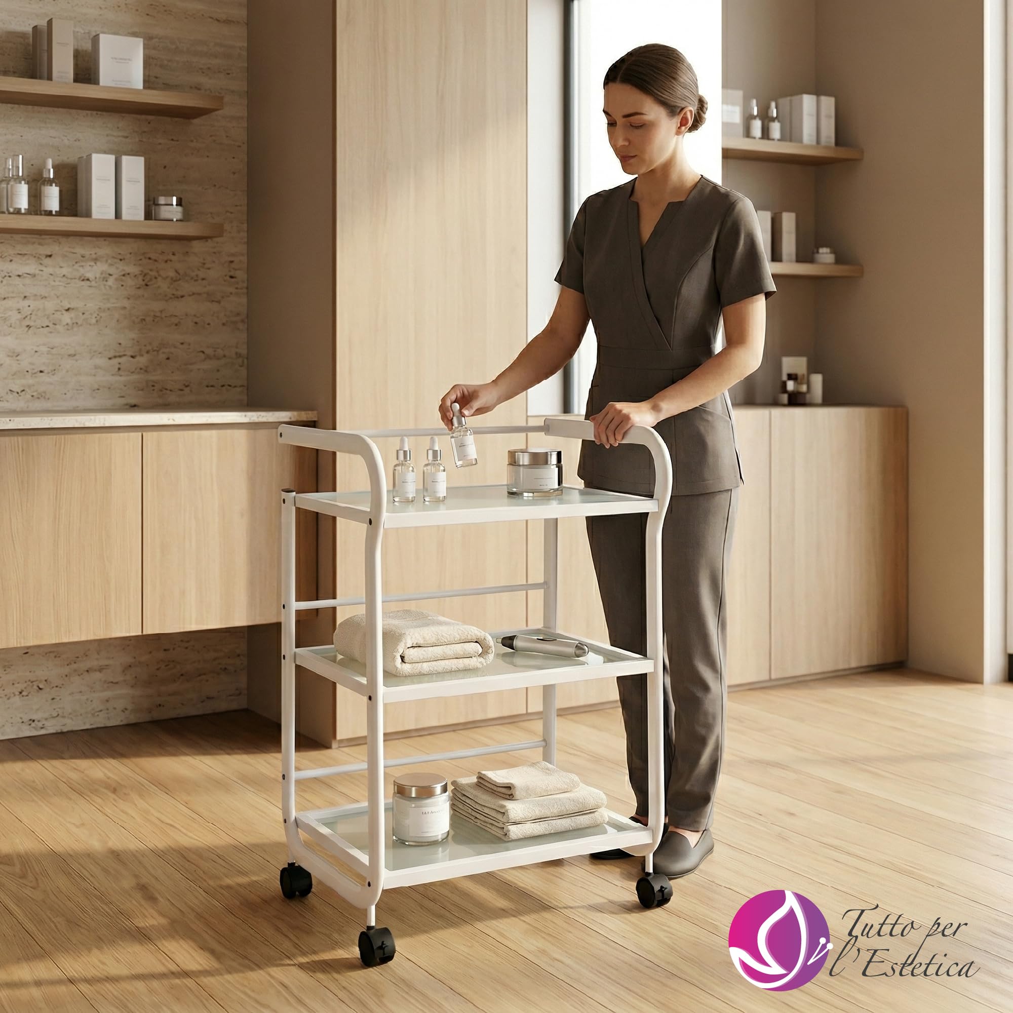 Carrello Estetista con Ruote - Mobiletto con Ruote, Leggero, Multiuso in Acciaio e 3 Ripiani in Vetro Traslucido - Carrello Portaoggetti per Estetica, Ceretta, Tattoo e Medico | Design Salvaspazio