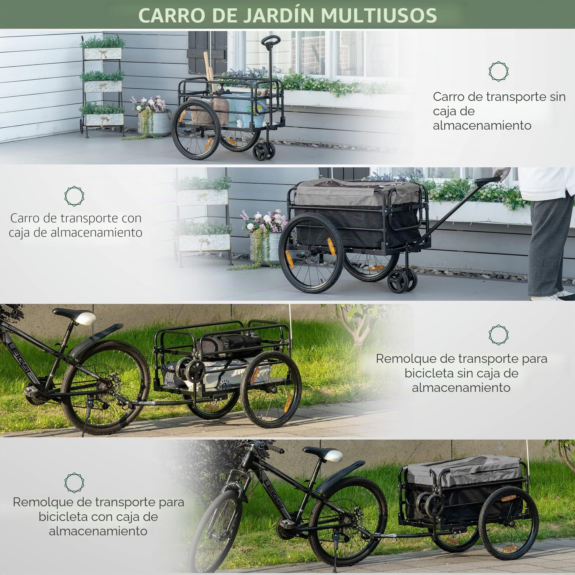 HOMCOM Remolque de bicicleta 2 en 1, remolque de carga, remolque para bicicletas con neumáticos de 20 pulgadas, capacidad de carga de 40 kg, acero, tela Oxford, negro+gris, 130 x 64 x 64/103 cm