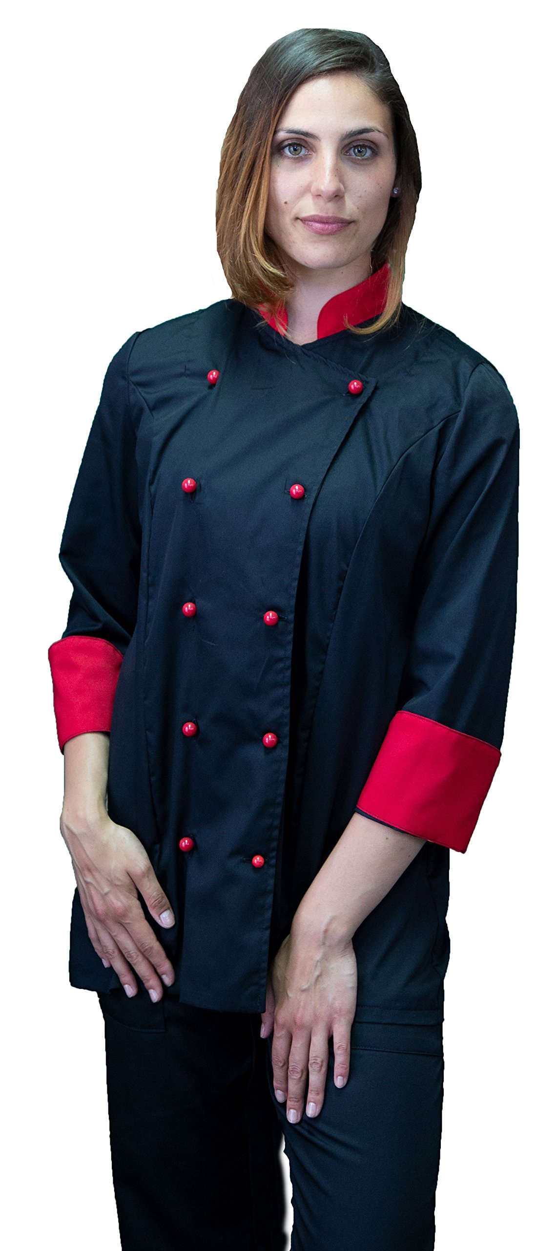 RICAMO GRATUITO Divisa Cuoco Donna - Nera e Rossa - Giacca, Pantalone e Grembiule - Completo per Cucina e Ristorante - Made in Italy