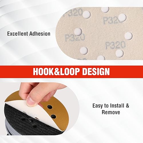 Miniatura 13 de WORKPRO Juego de discos de lija de 150 piezas, papel de lija de 8 agujeros de 5 pulgadas, 10 grados, incluye 60, 80, 100, 120, 150, 180, 240, 320