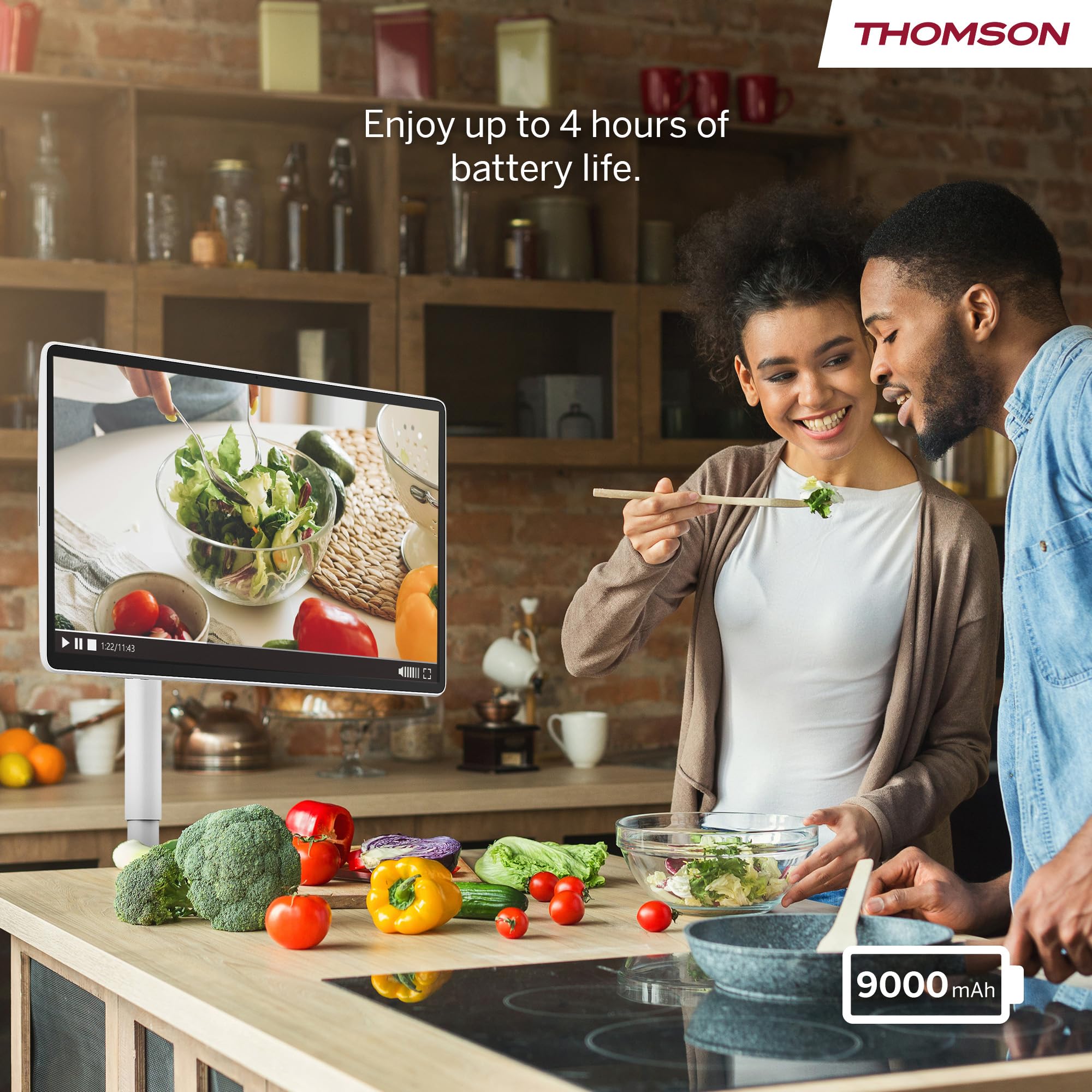Thomson Go Plus Pro 27 Zoll (69 cm) 4K UHD Smart Touch Display, Android, Sprachsteuerung, Hotspot, 9000 mAh Akku, 5MP Kamera, Subwoofer, WiFi 6, Bluetooth, Tragbarer Ständer -27UE7M45- Weiß