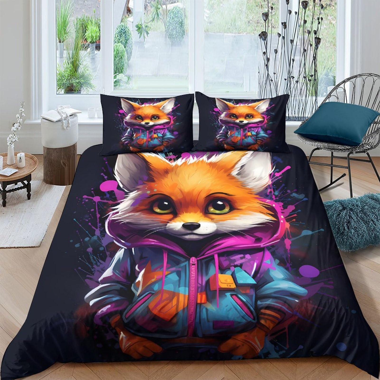 Ctjqhvkz Style-5 3D Printed Cartoon Fox Fitted Sheet Microfiber Soft Breathable Graffiti Hoodie Bed Cover For Bedroom Dorm Decor Single（135X200cm）